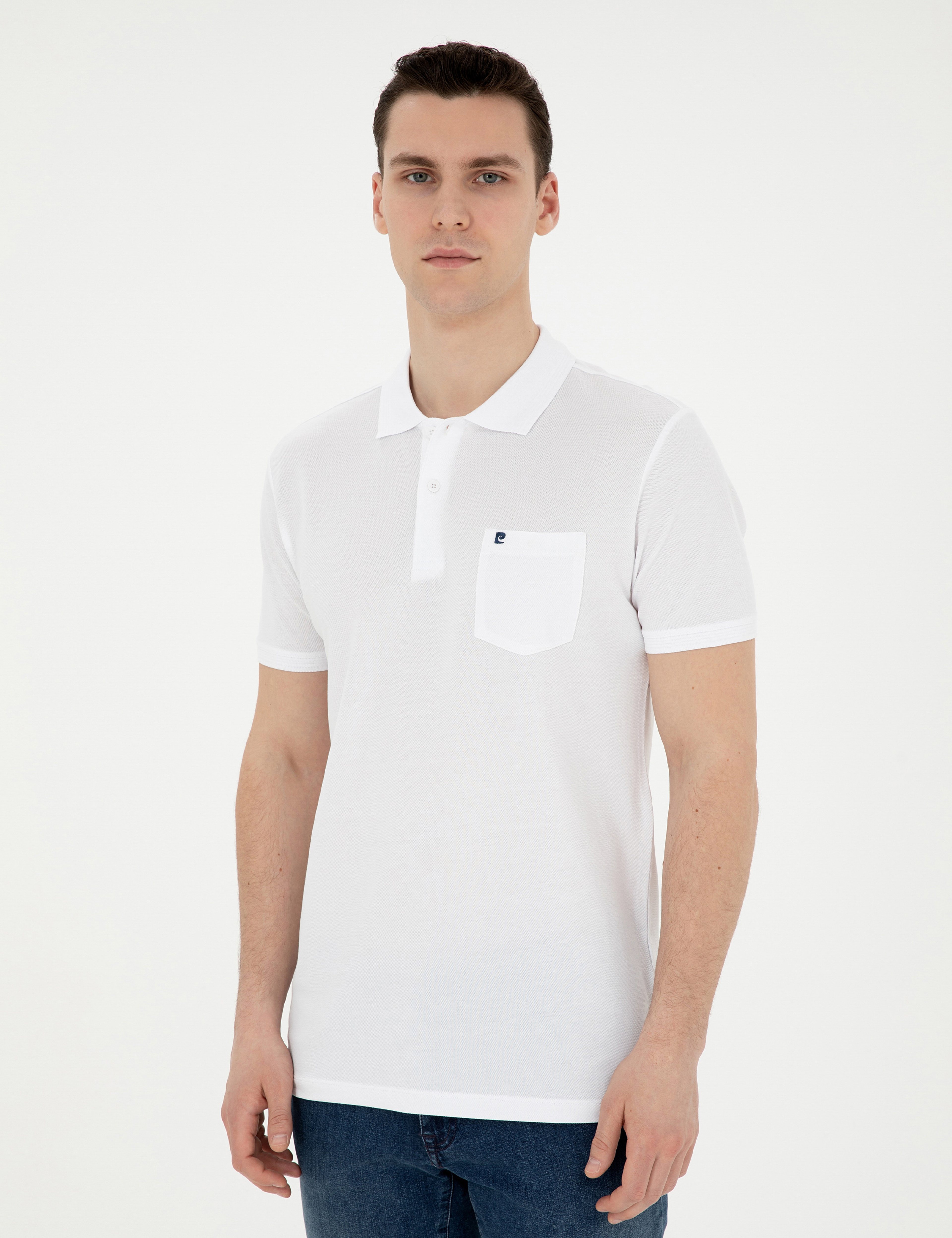 Beyaz Regular Fit %100 Pamuk Cepli Polo Yaka Basic Tişört - Image 1