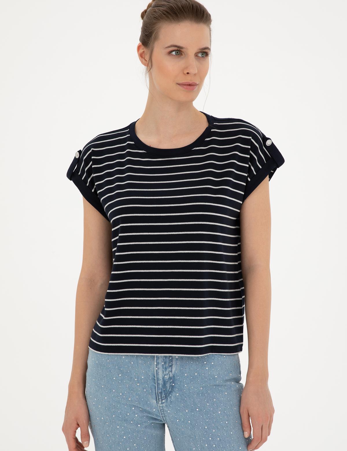 Lacivert Comfort Fit Çizgili Tişört - 50284065014