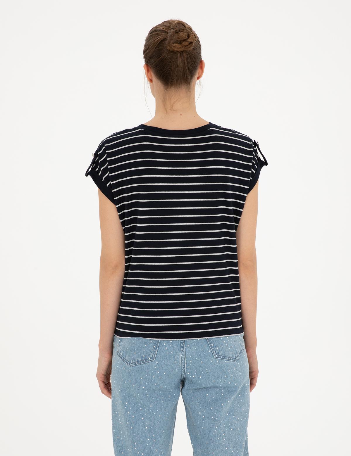 Lacivert Comfort Fit Çizgili Tişört - 50284065014