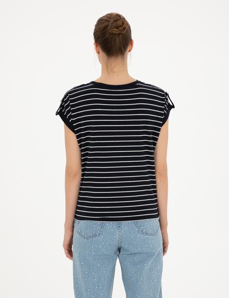 Lacivert Comfort Fit Çizgili Tişört - 50284065014