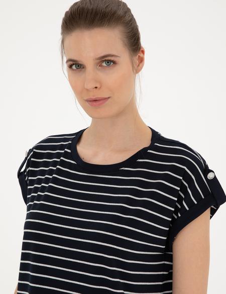 Lacivert Comfort Fit Çizgili Tişört - 50284065014