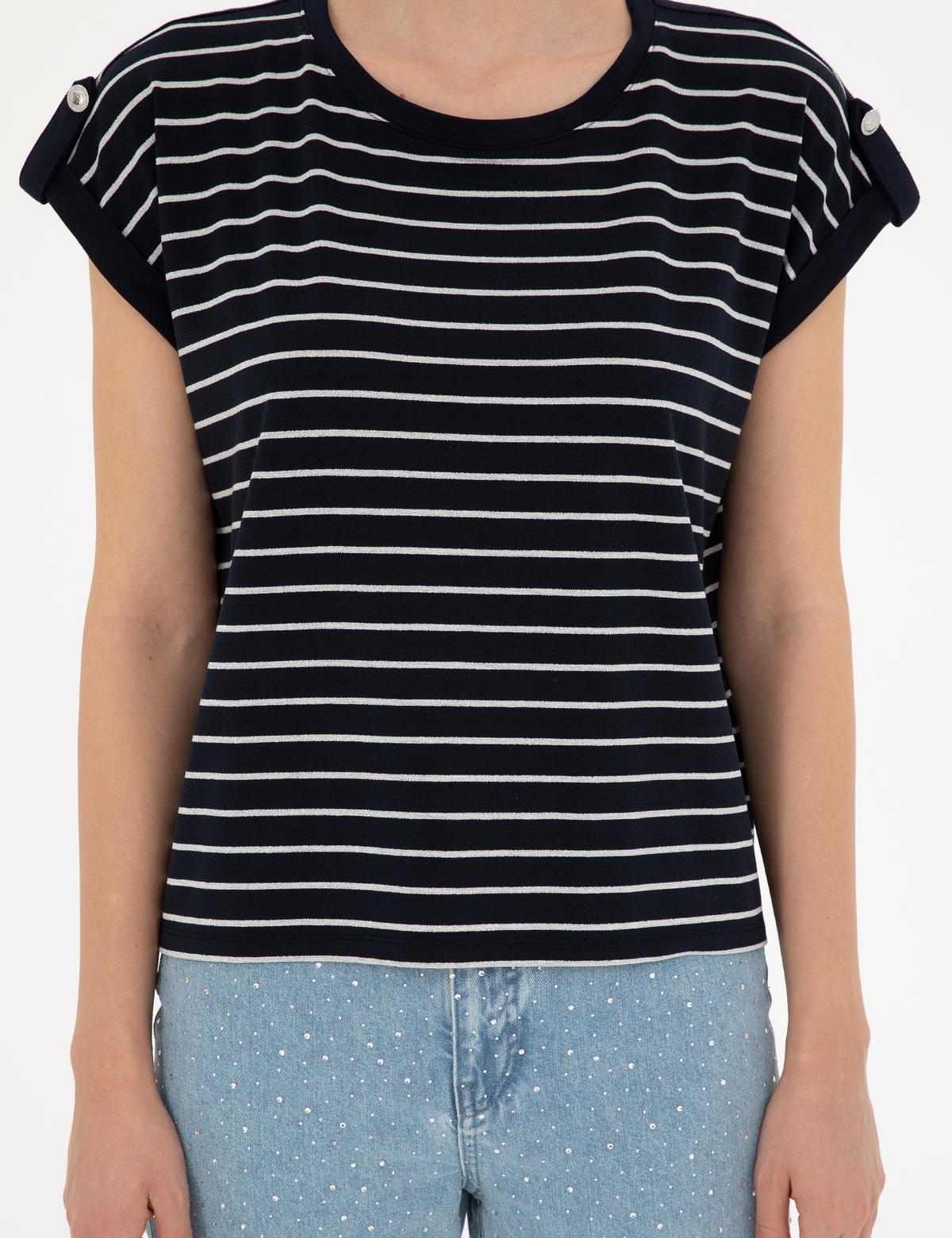 Lacivert Comfort Fit Çizgili Tişört - 50284065014