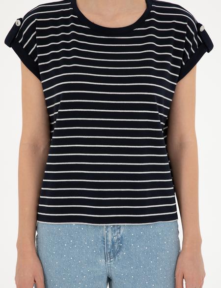 Lacivert Comfort Fit Çizgili Tişört - 50284065014