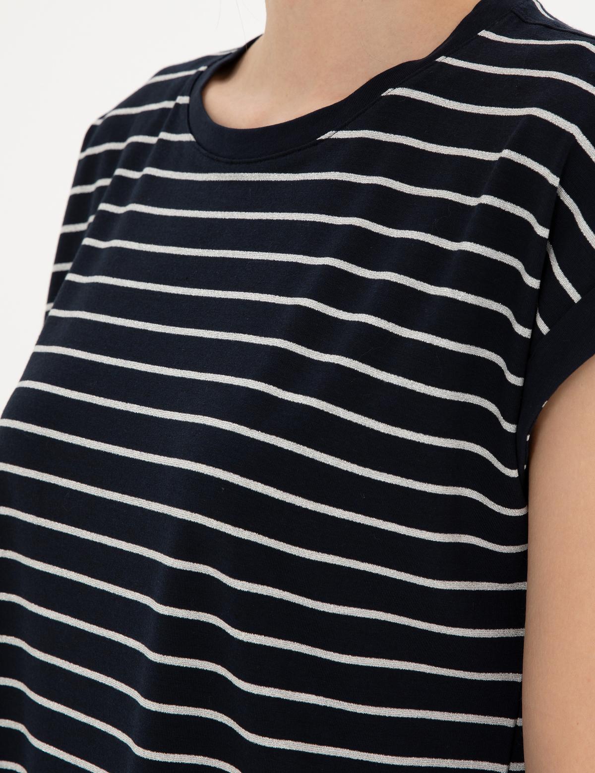 Lacivert Comfort Fit Çizgili Tişört - 50284065014