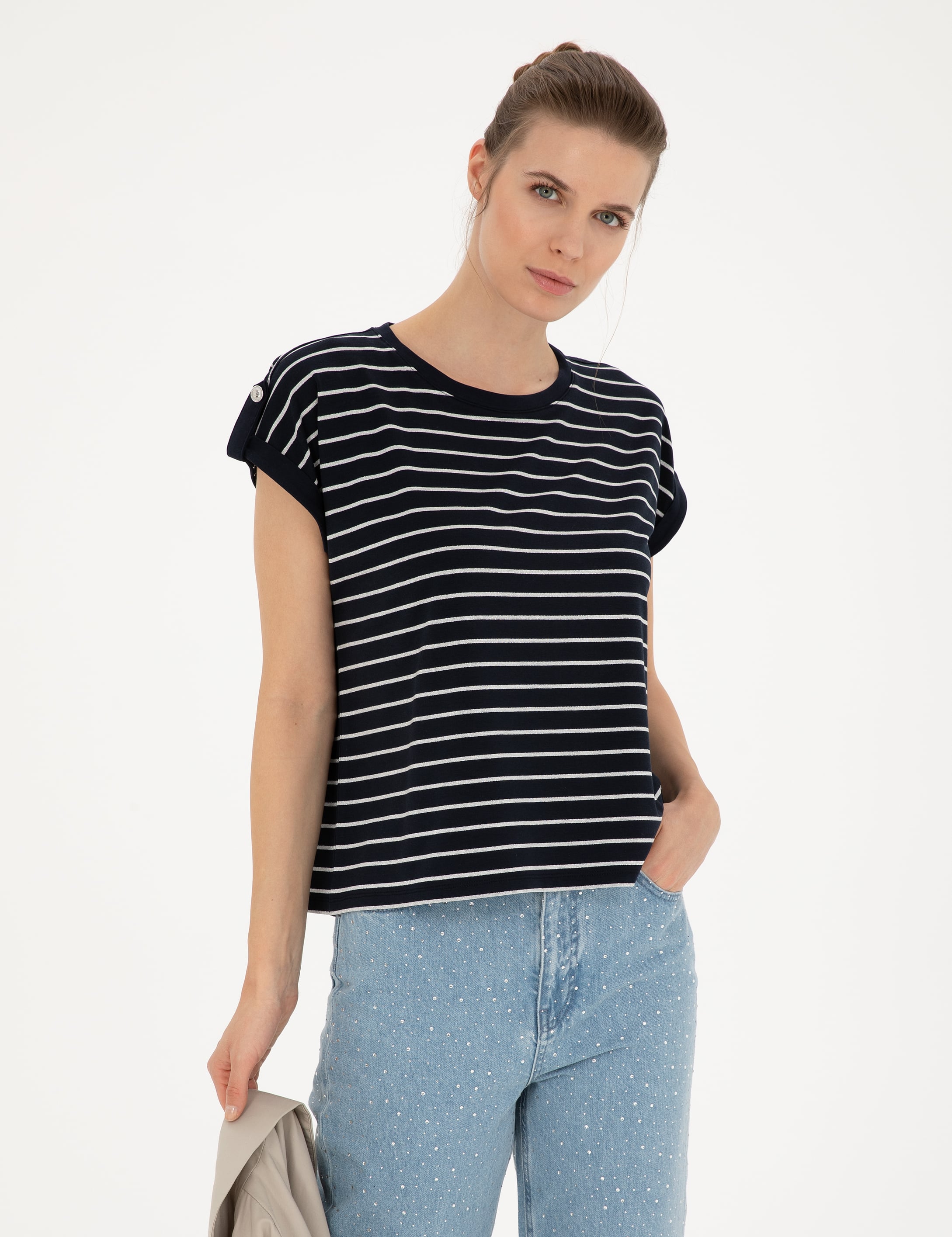 Lacivert Comfort Fit Çizgili Tişört - Image 1