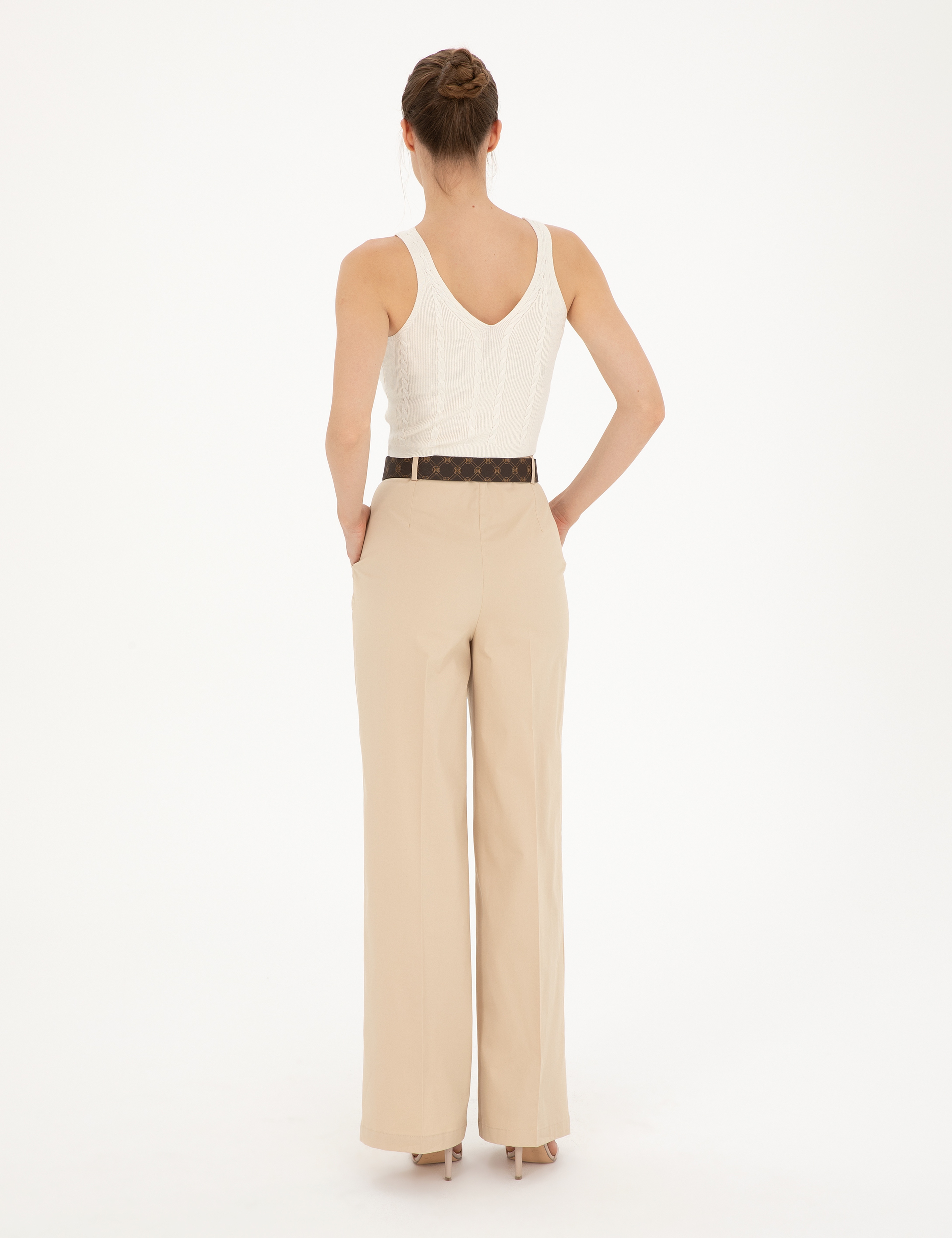Bej Yüksek Bel Straight Fit Pantolon - Image 4
