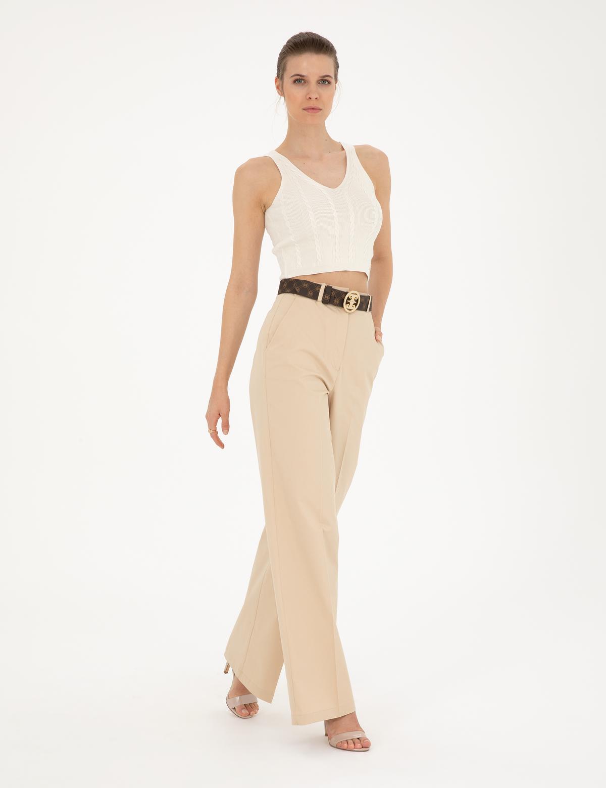 Bej Yüksek Bel Straight Fit Pantolon