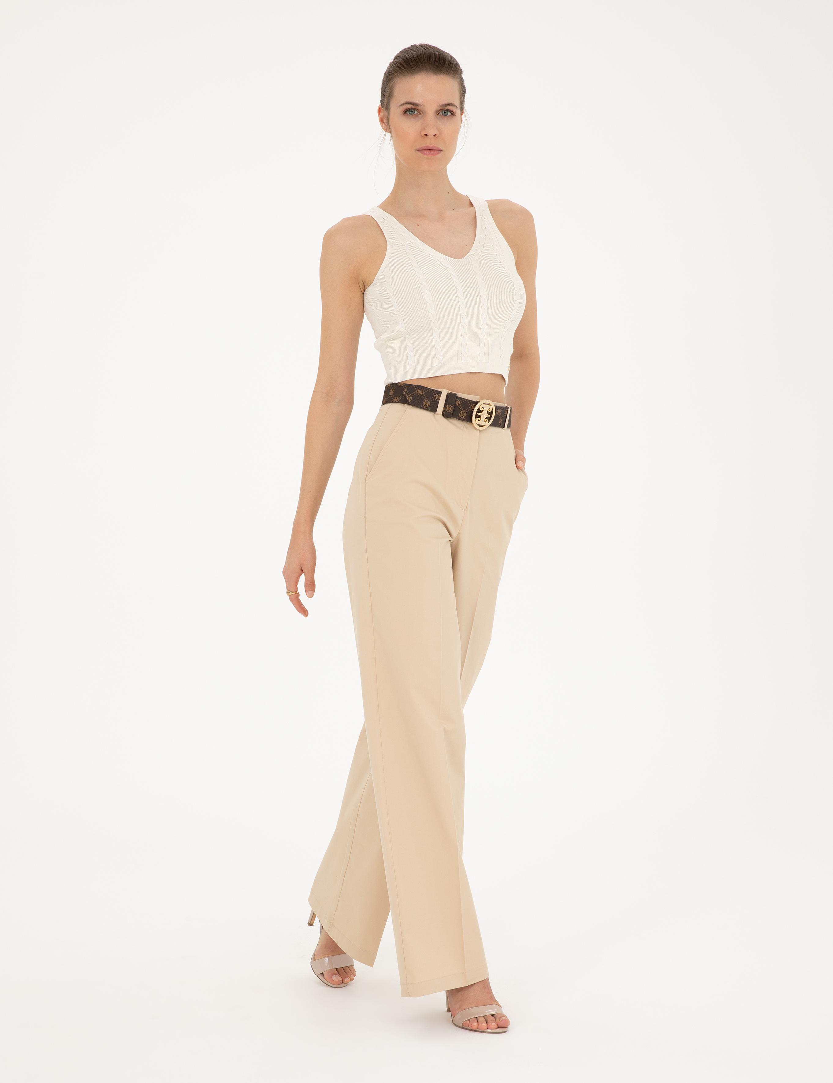 Bej Yüksek Bel Straight Fit Pantolon