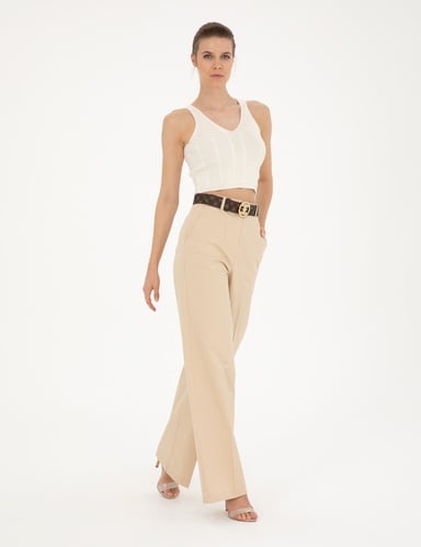 Bej Yüksek Bel Straight Fit Pantolon