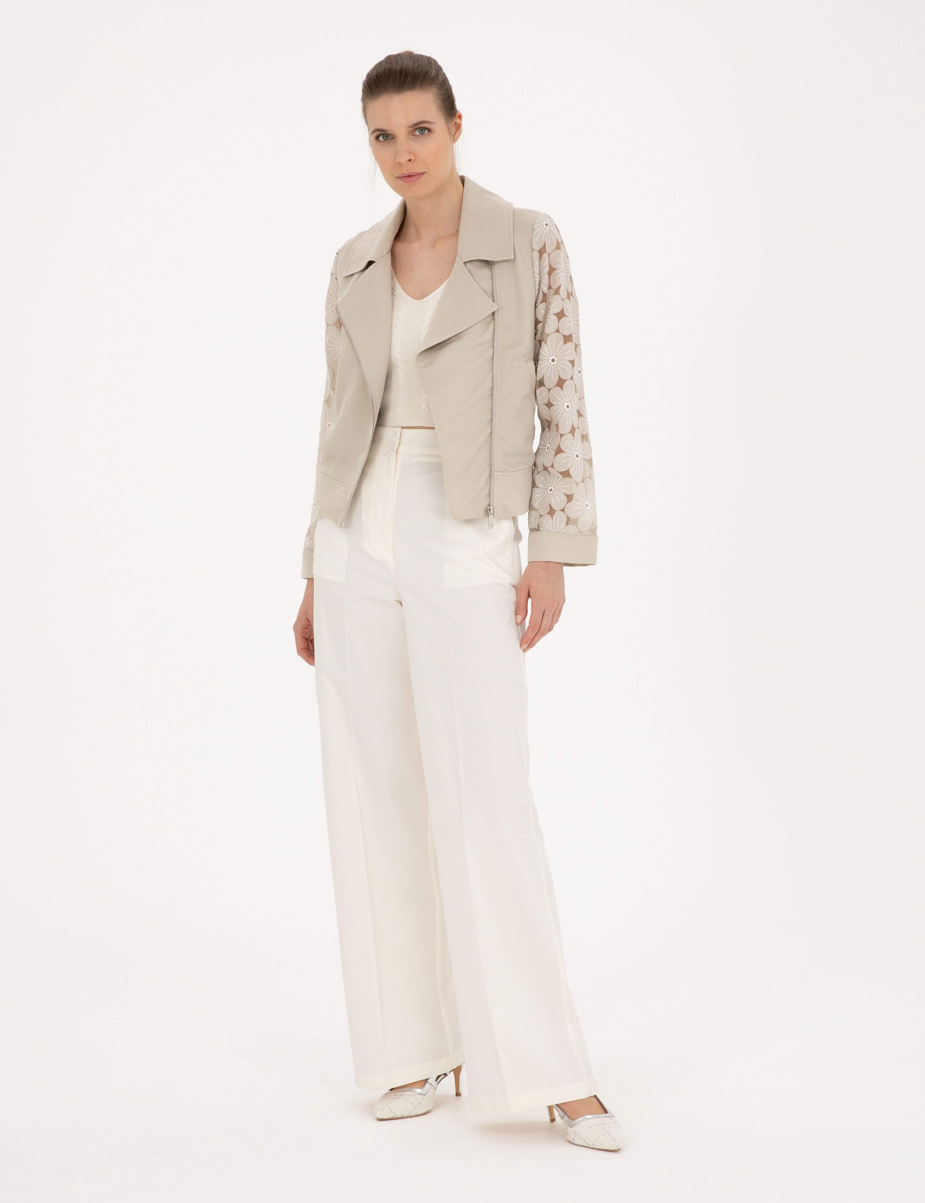 Beyaz Yüksek Bel Straight Fit Pantolon - Image 3
