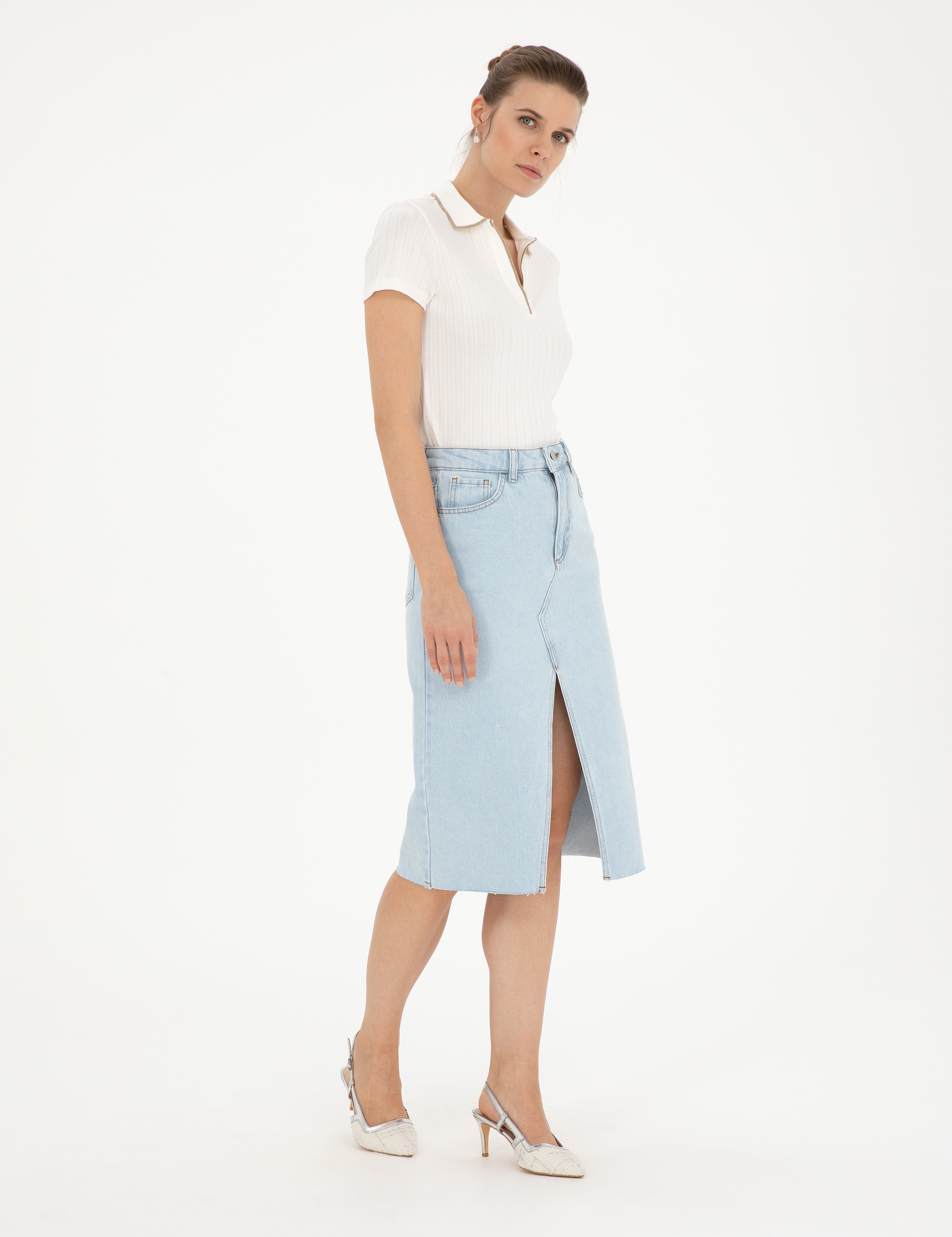 Açık Mavi Slim Fit Jean Etek - Image 3