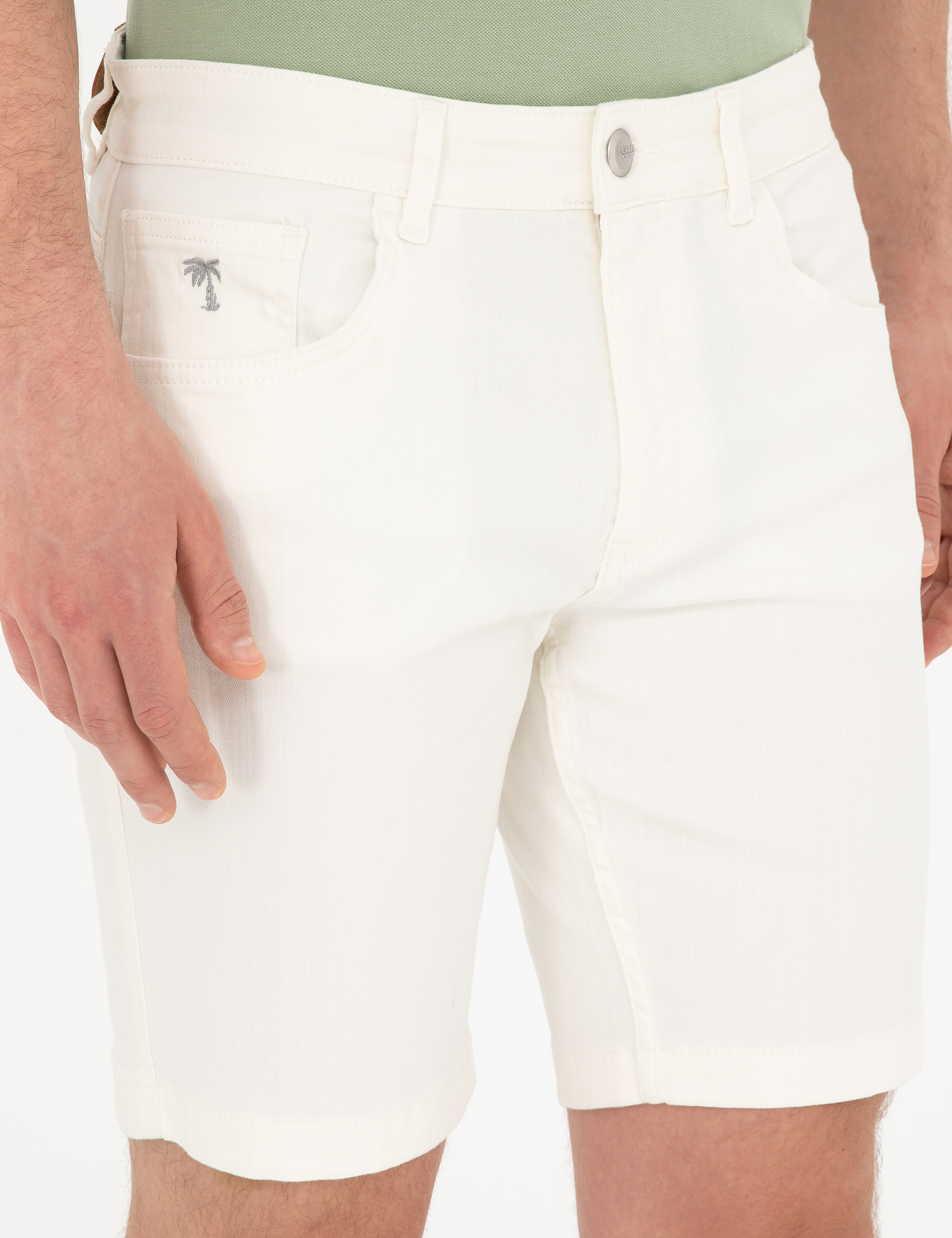 Ekru Slim Fit Jean Şort - Image 5