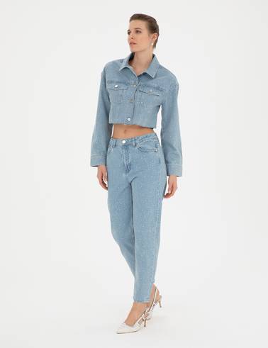 Açık Mavi Parlak Taşlı Mom Fit Jean Pantolon