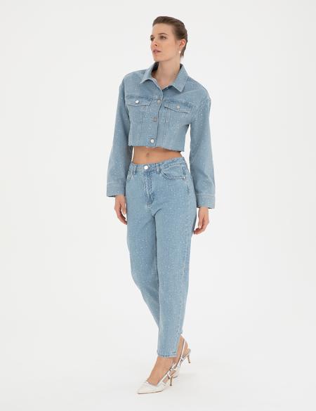 Açık Mavi Parlak Taşlı Mom Fit Jean Pantolon - 50284163003