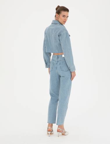 Açık Mavi Parlak Taşlı Mom Fit Jean Pantolon