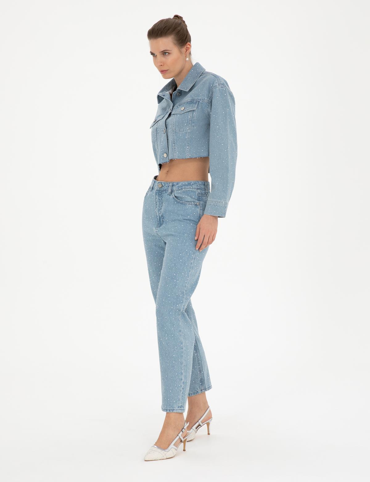 Açık Mavi Parlak Taşlı Mom Fit Jean Pantolon