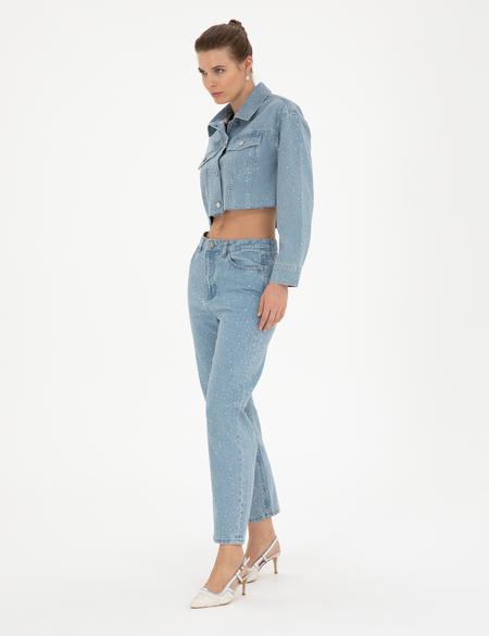 Açık Mavi Parlak Taşlı Mom Fit Jean Pantolon - 50284163003