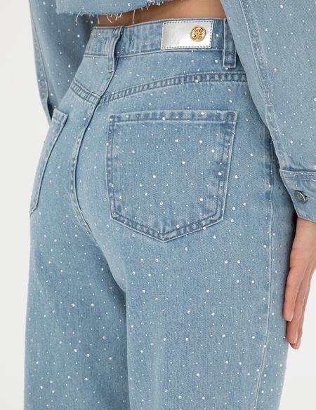 Açık Mavi Parlak Taşlı Mom Fit Jean Pantolon - 50284163003