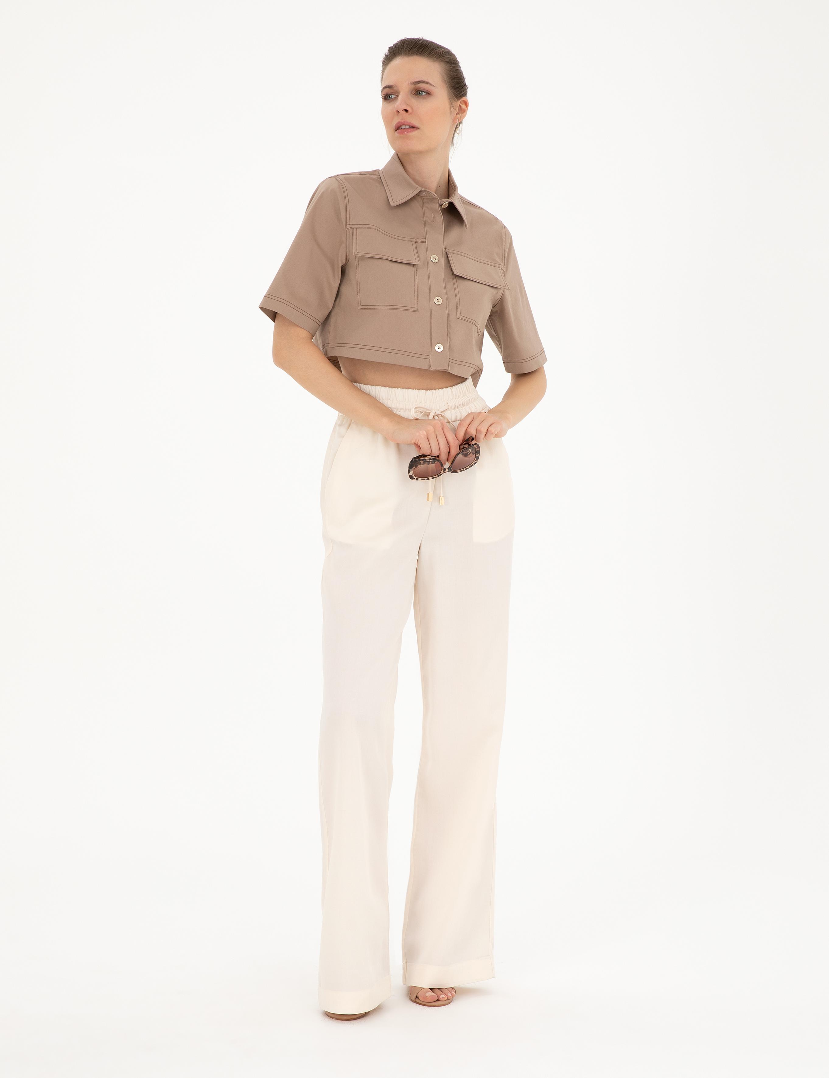 Bej Crop Top Kısa Kollu Gömlek