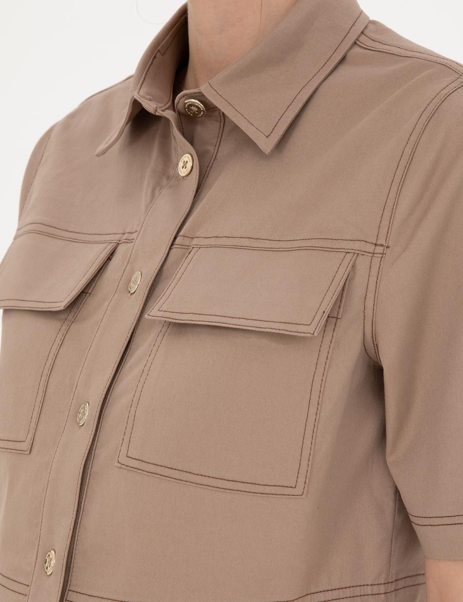 Bej Crop Top Kısa Kollu Gömlek