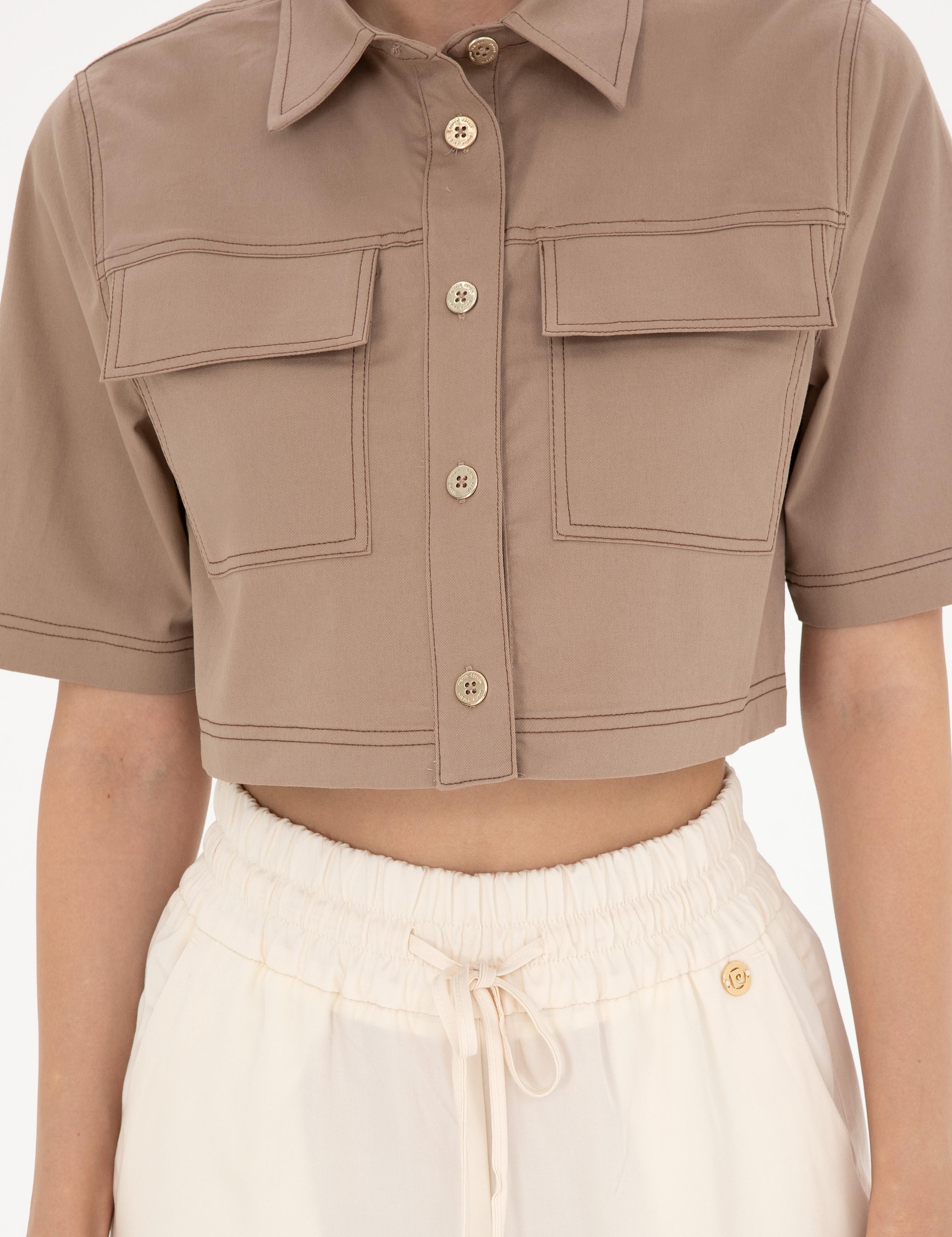 Bej Crop Top Kısa Kollu Gömlek