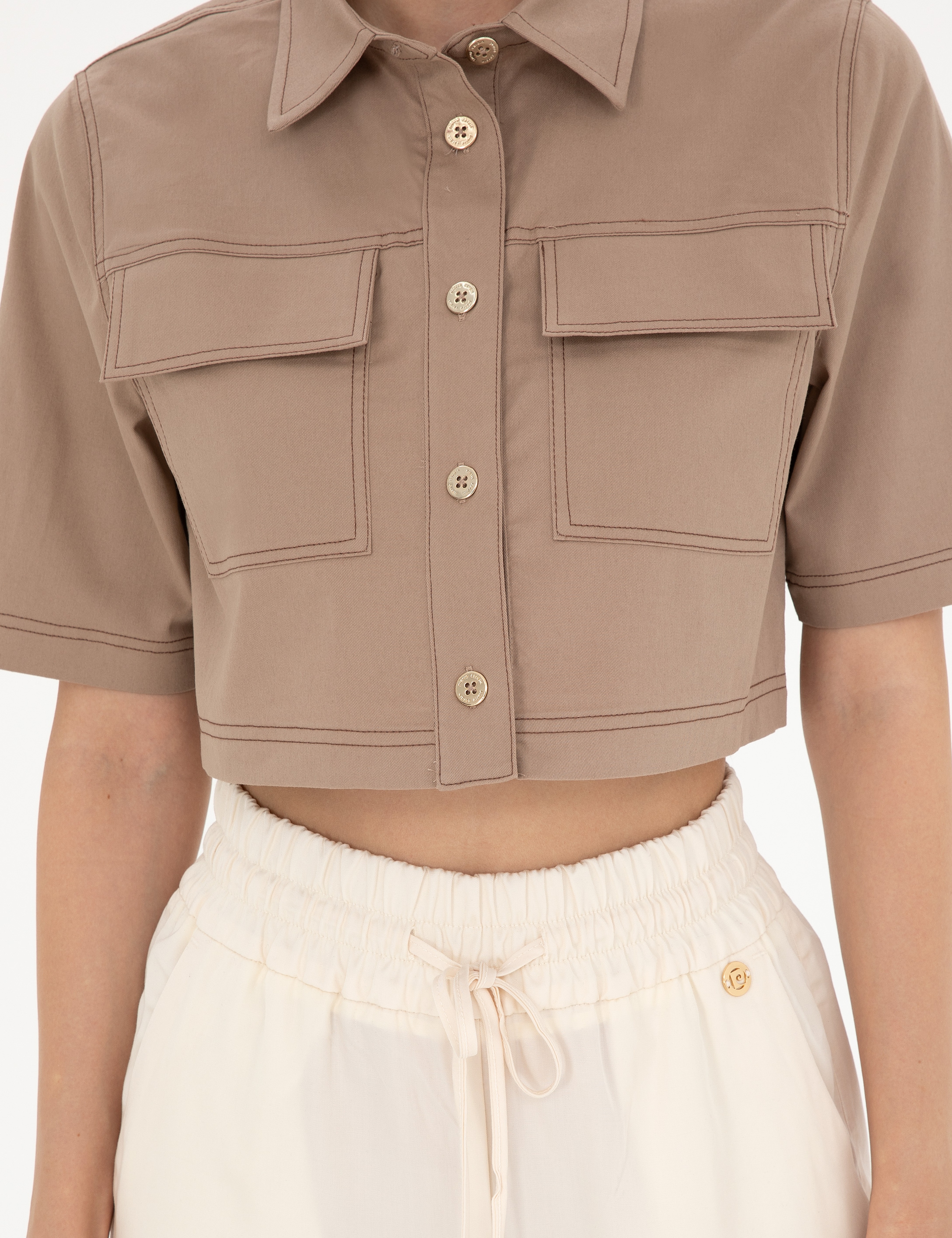Bej Crop Top Kısa Kollu Gömlek