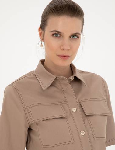 Bej Crop Top Kısa Kollu Gömlek
