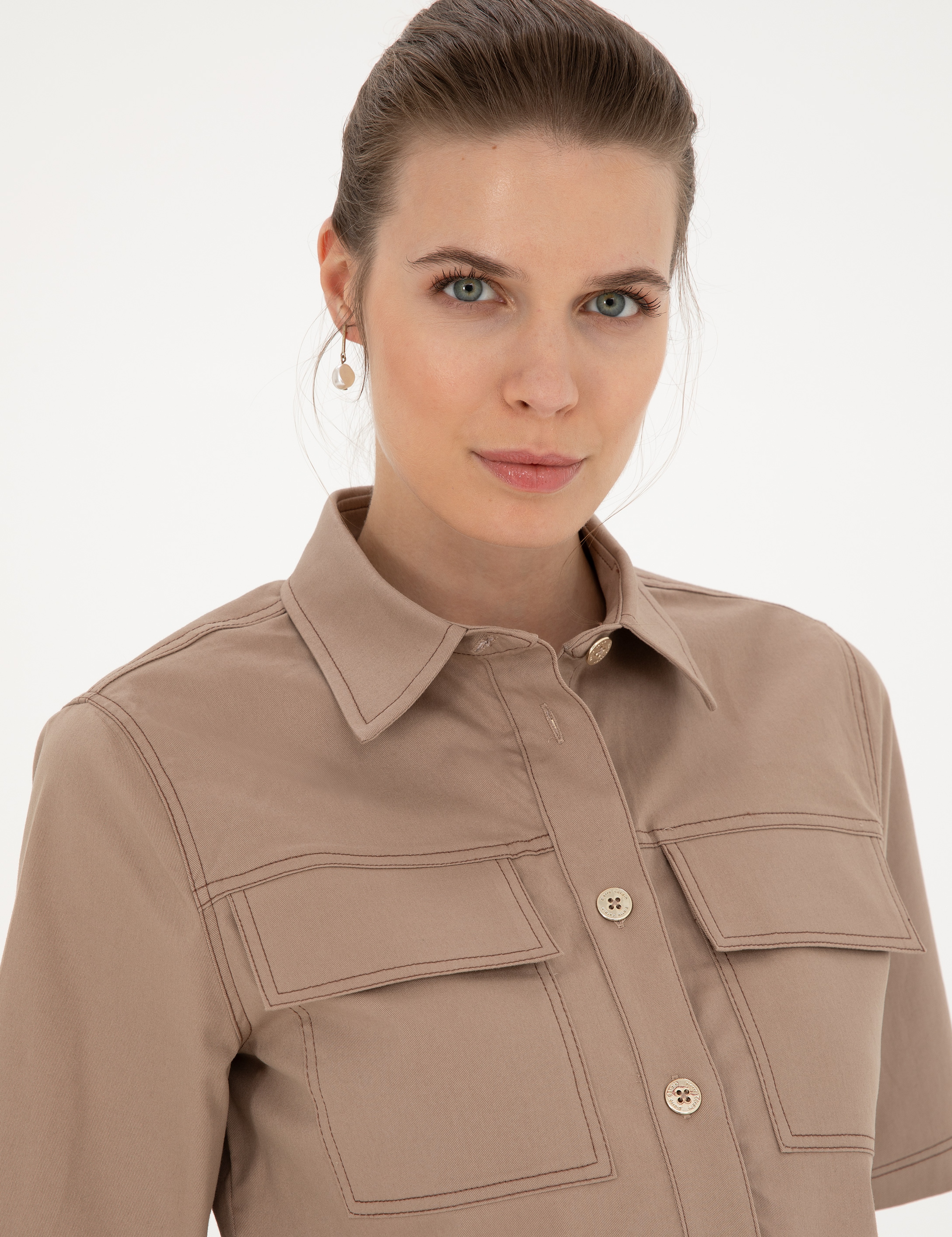 Bej Crop Top Kısa Kollu Gömlek - Image 2