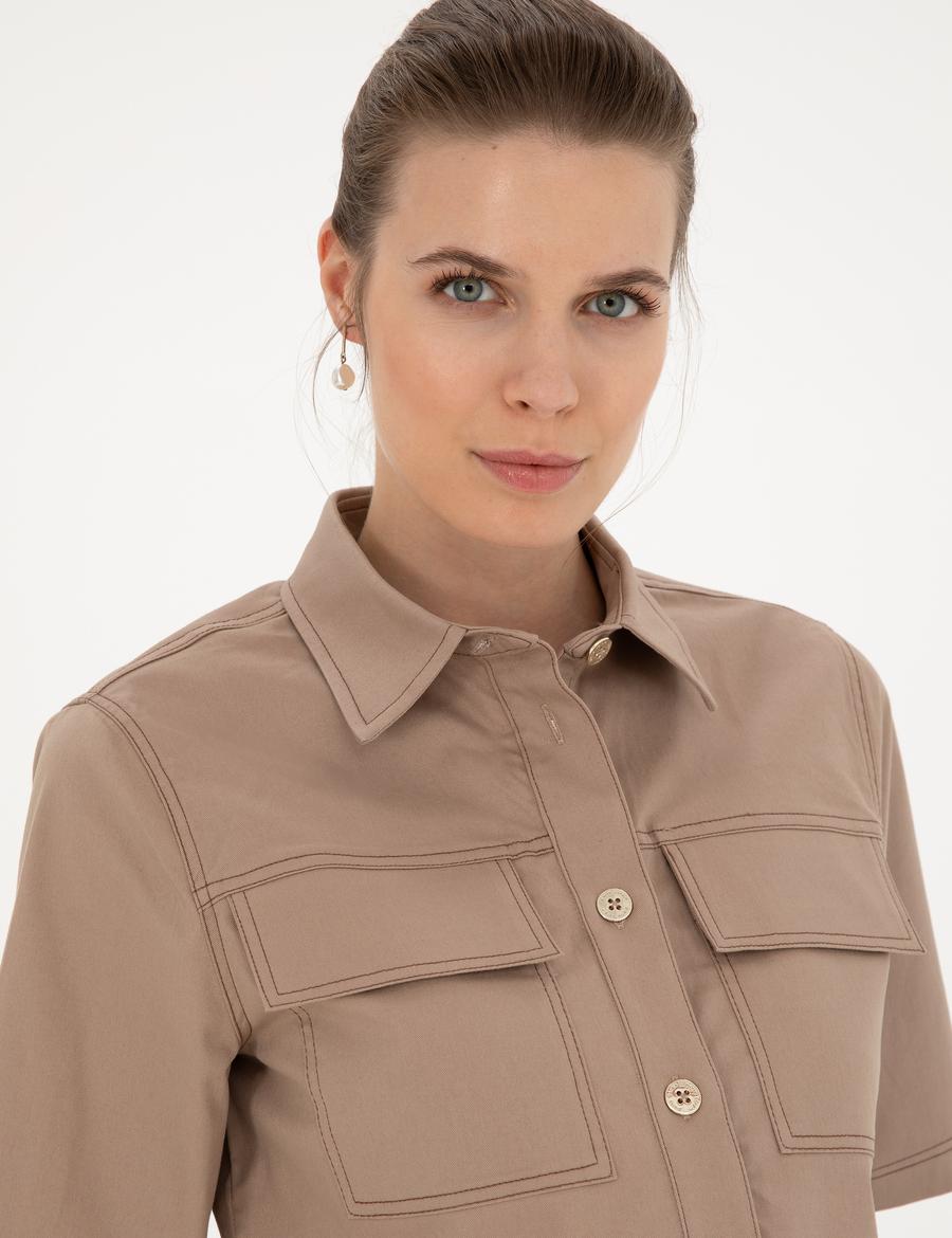 Bej Crop Top Kısa Kollu Gömlek