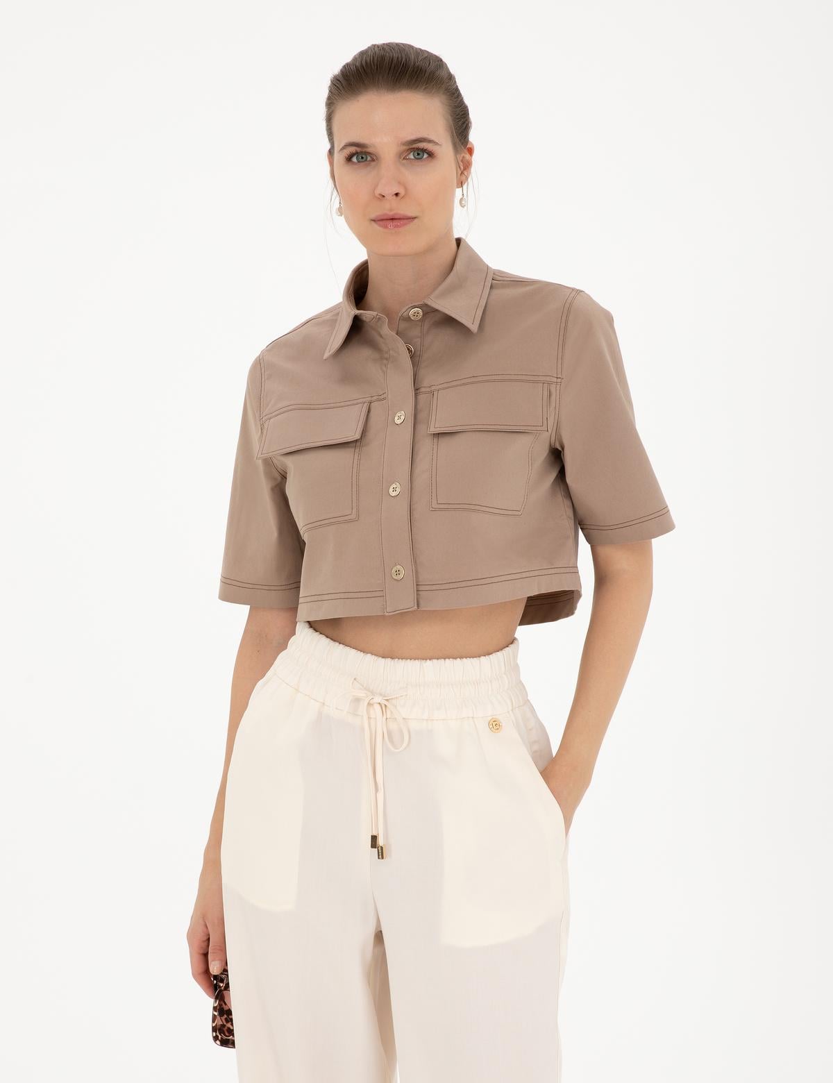 Bej Crop Top Kısa Kollu Gömlek