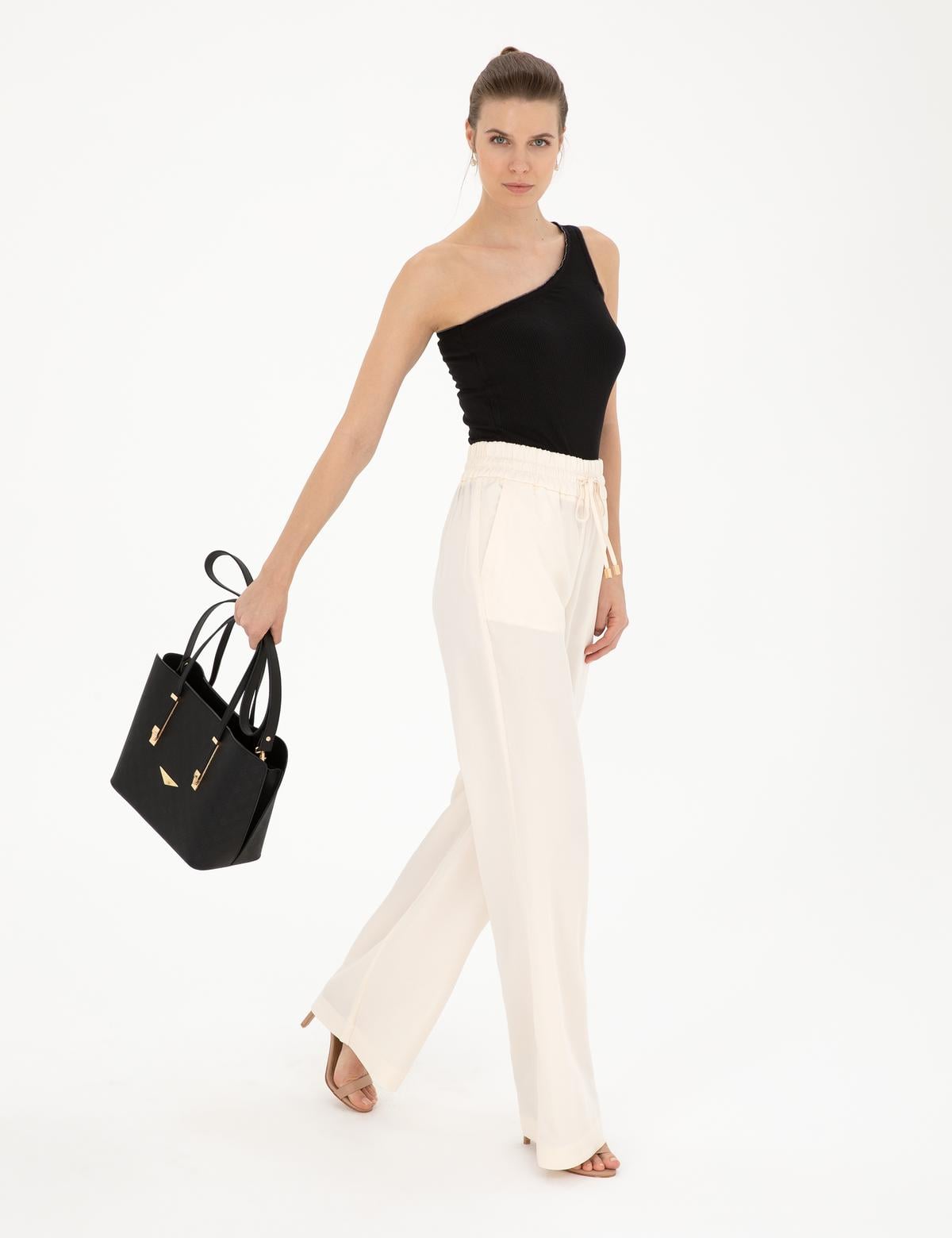 Ekru Yüksek Bel Wideleg Pantolon - 50284523020