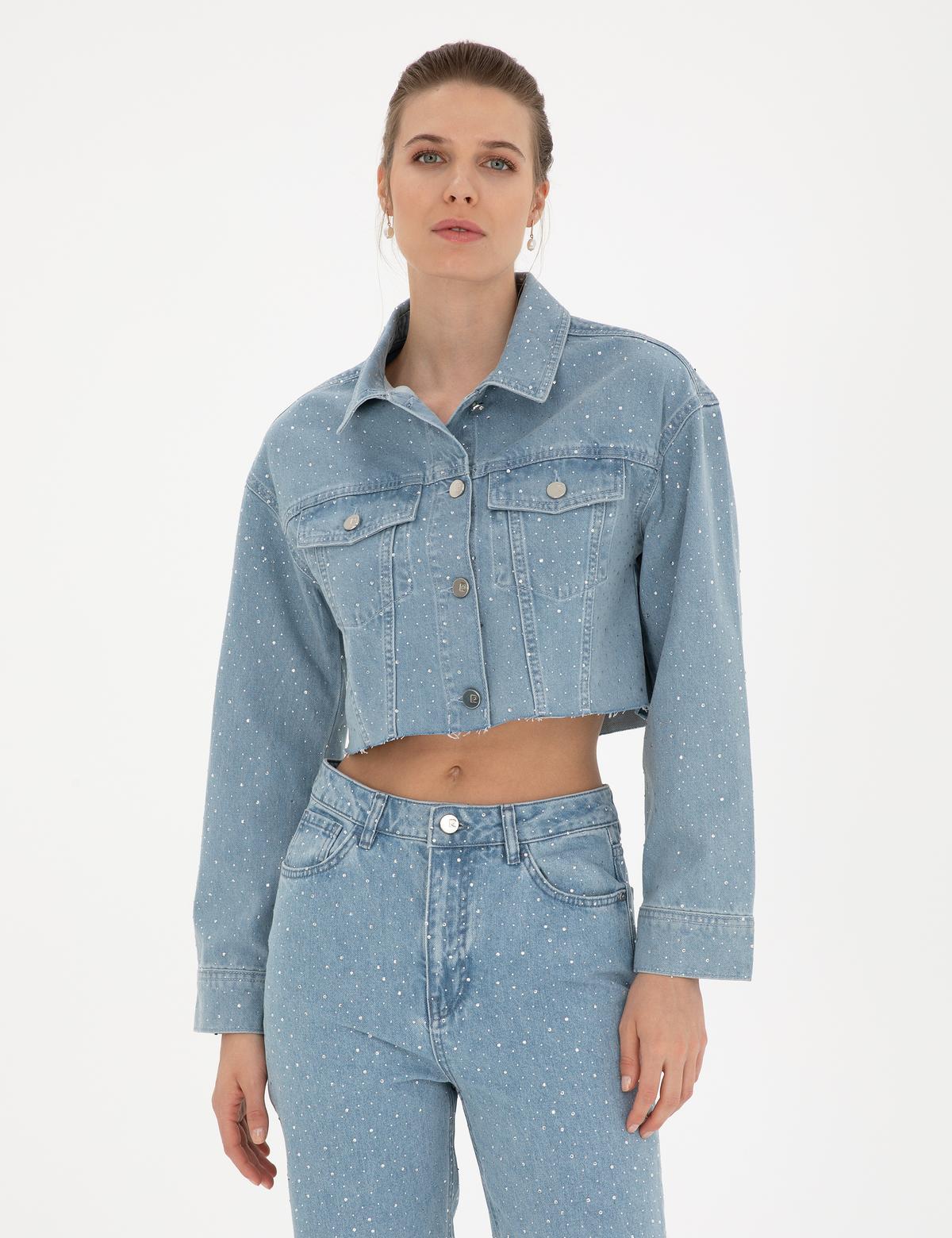 Açık Mavi Crop Top Jean Ceket