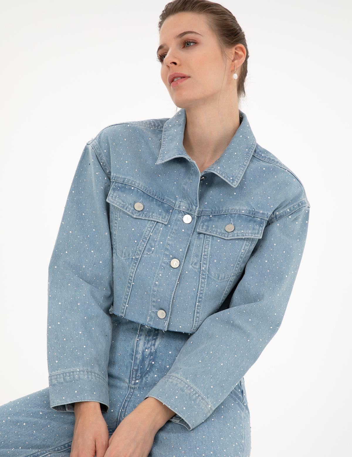 Açık Mavi Crop Top Jean Ceket - 50284213002