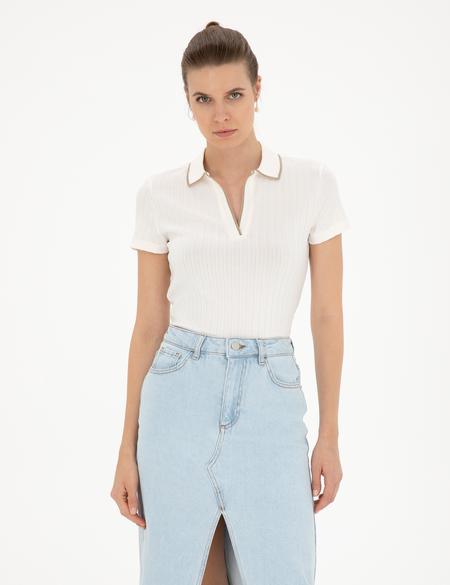 Ekru Slim Fit Triko Tişört - 50288292005