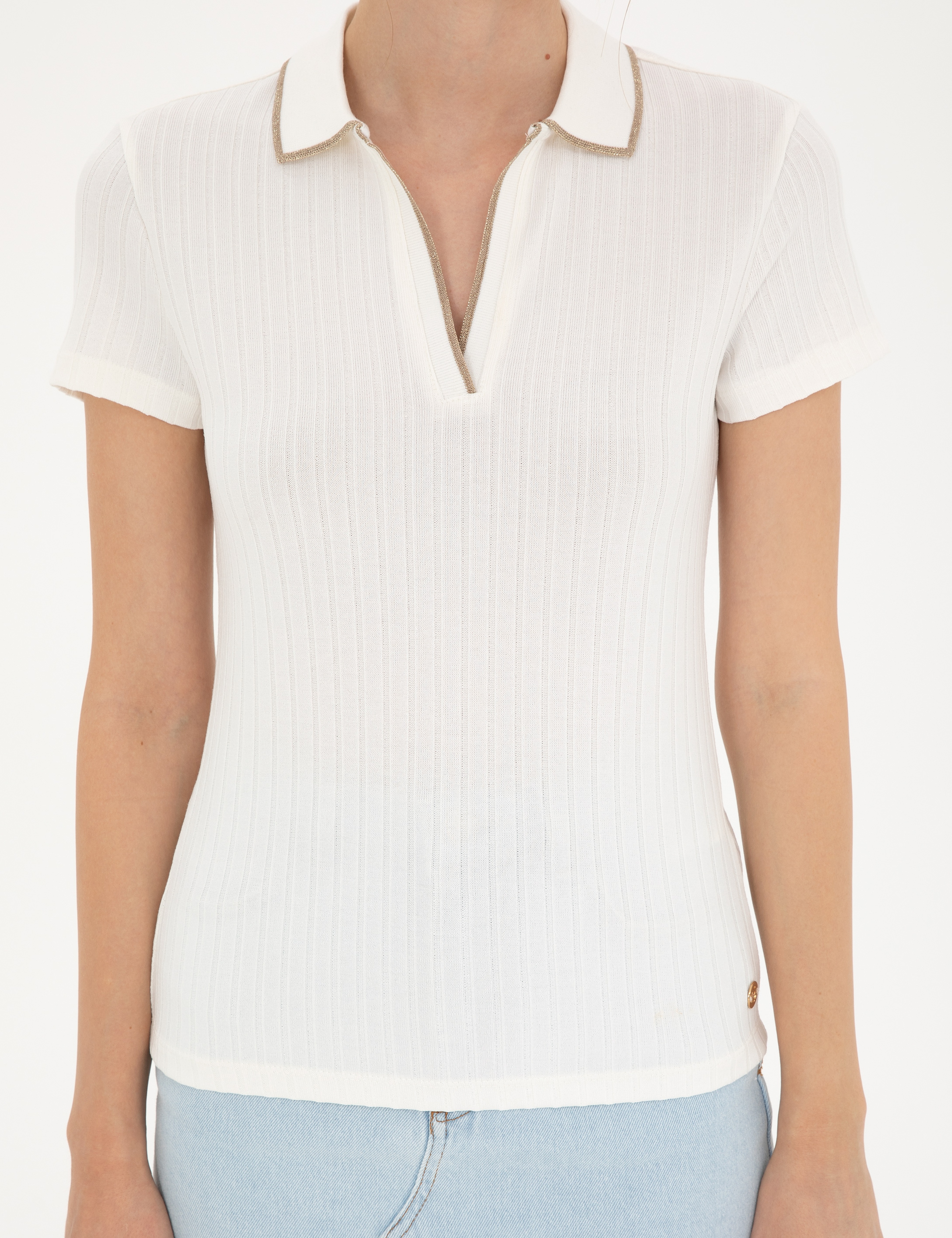 Ekru Slim Fit Triko Tişört - Image 6