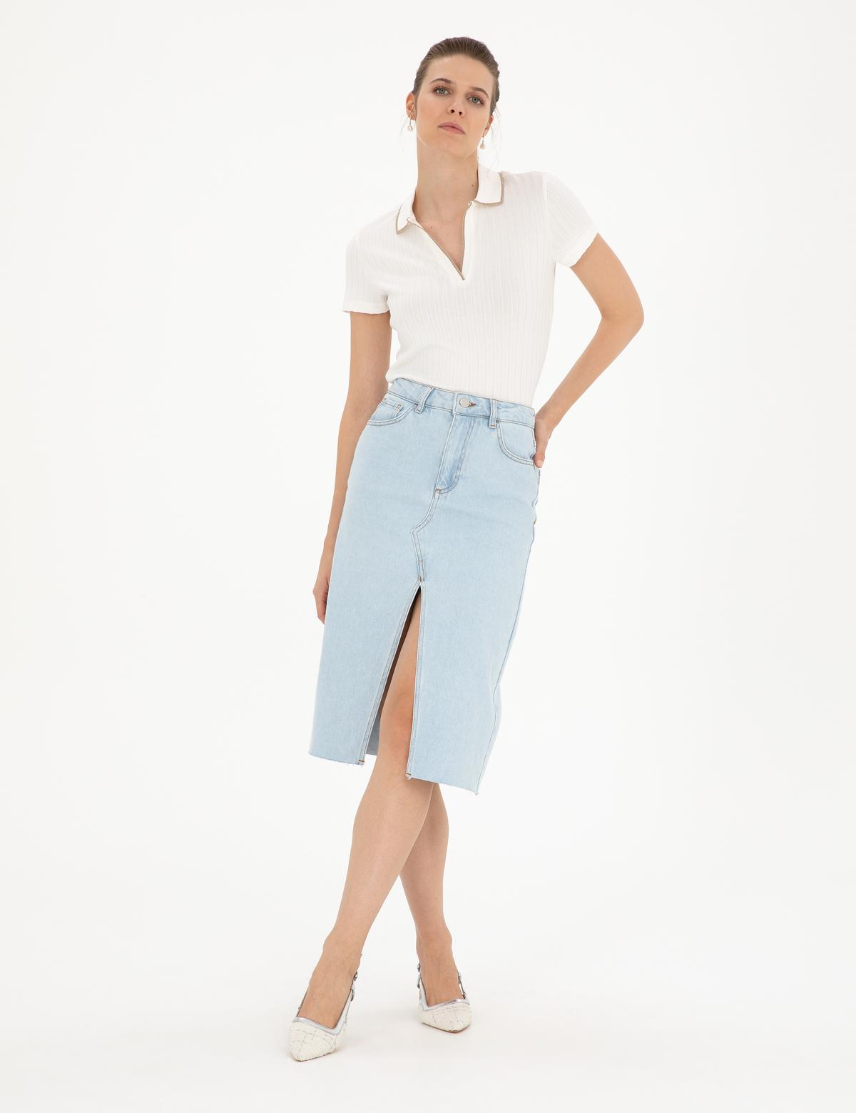 Ekru Slim Fit Triko Tişört - 50288292005