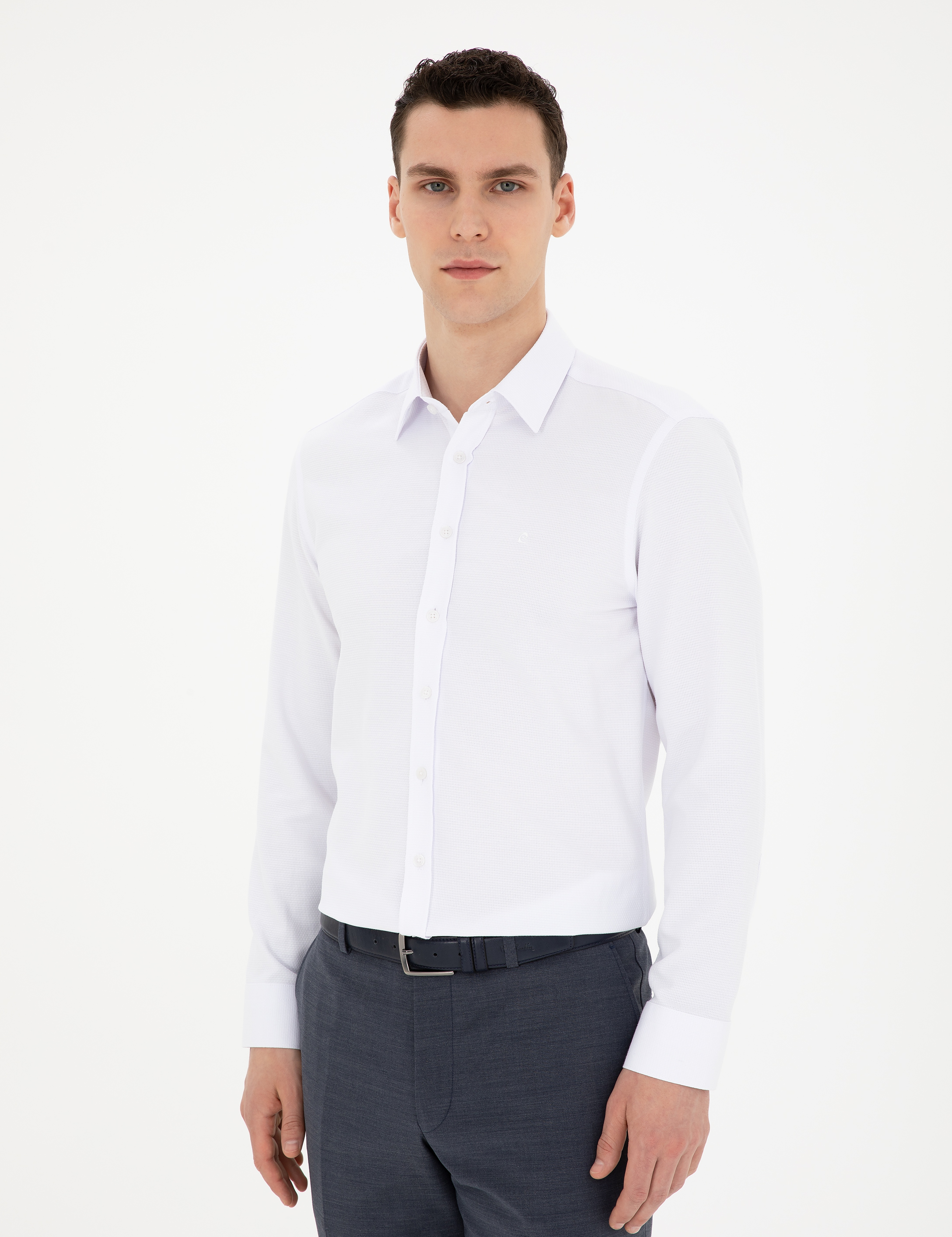 Beyaz Slim Fit Armürlü Uzun Kollu Gömlek - Image 3