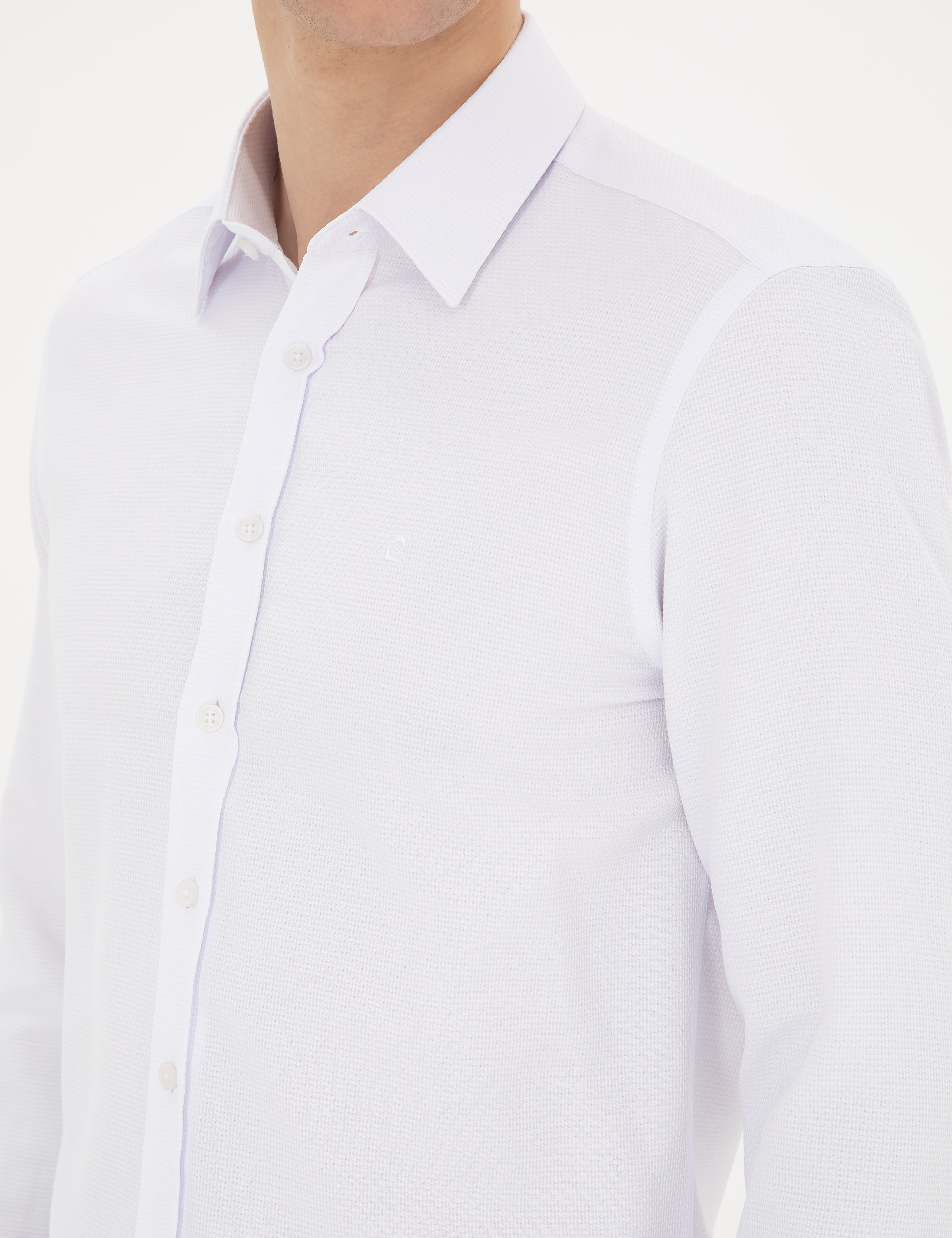 Beyaz Slim Fit Armürlü Uzun Kollu Gömlek - Image 7