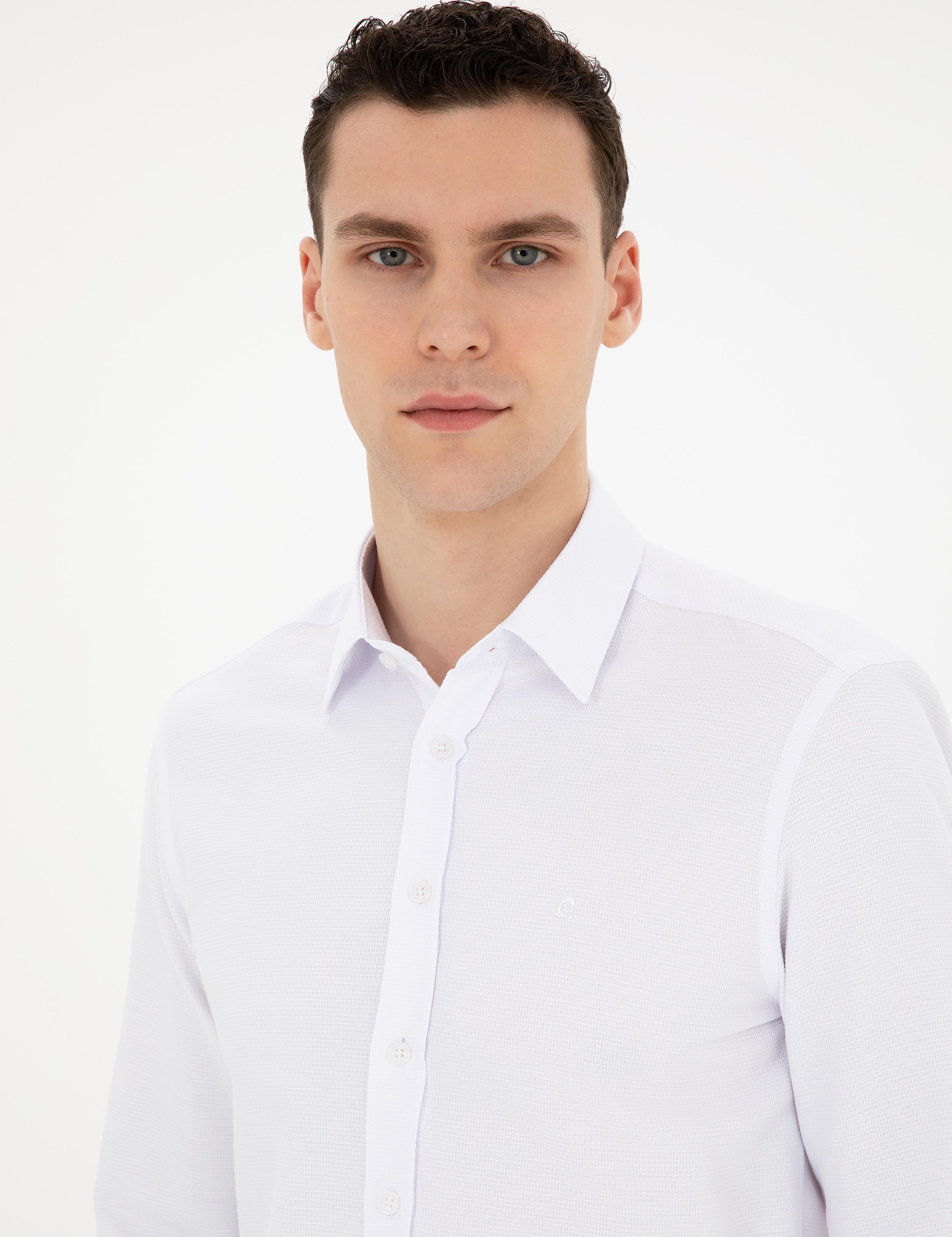 Beyaz Slim Fit Armürlü Uzun Kollu Gömlek