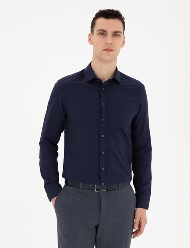 Lacivert Slim Fit Armürlü Uzun Kollu Gömlek