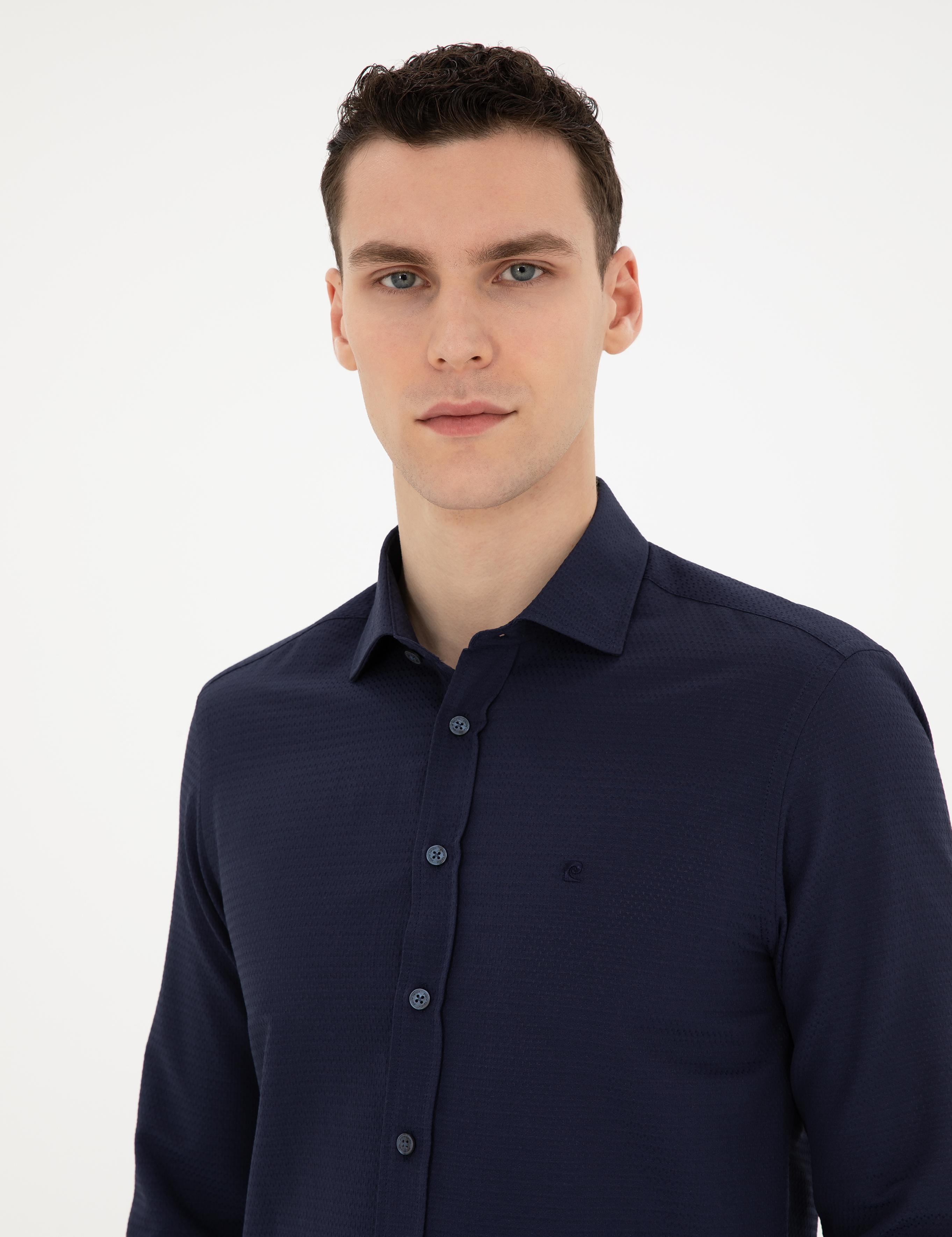 Lacivert Slim Fit Armürlü Uzun Kollu Gömlek