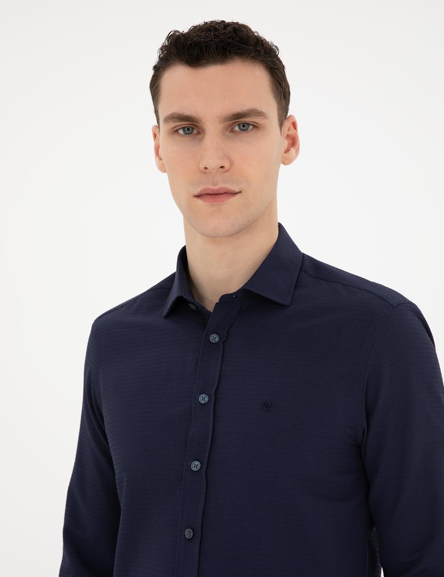 Lacivert Slim Fit Armürlü Uzun Kollu Gömlek