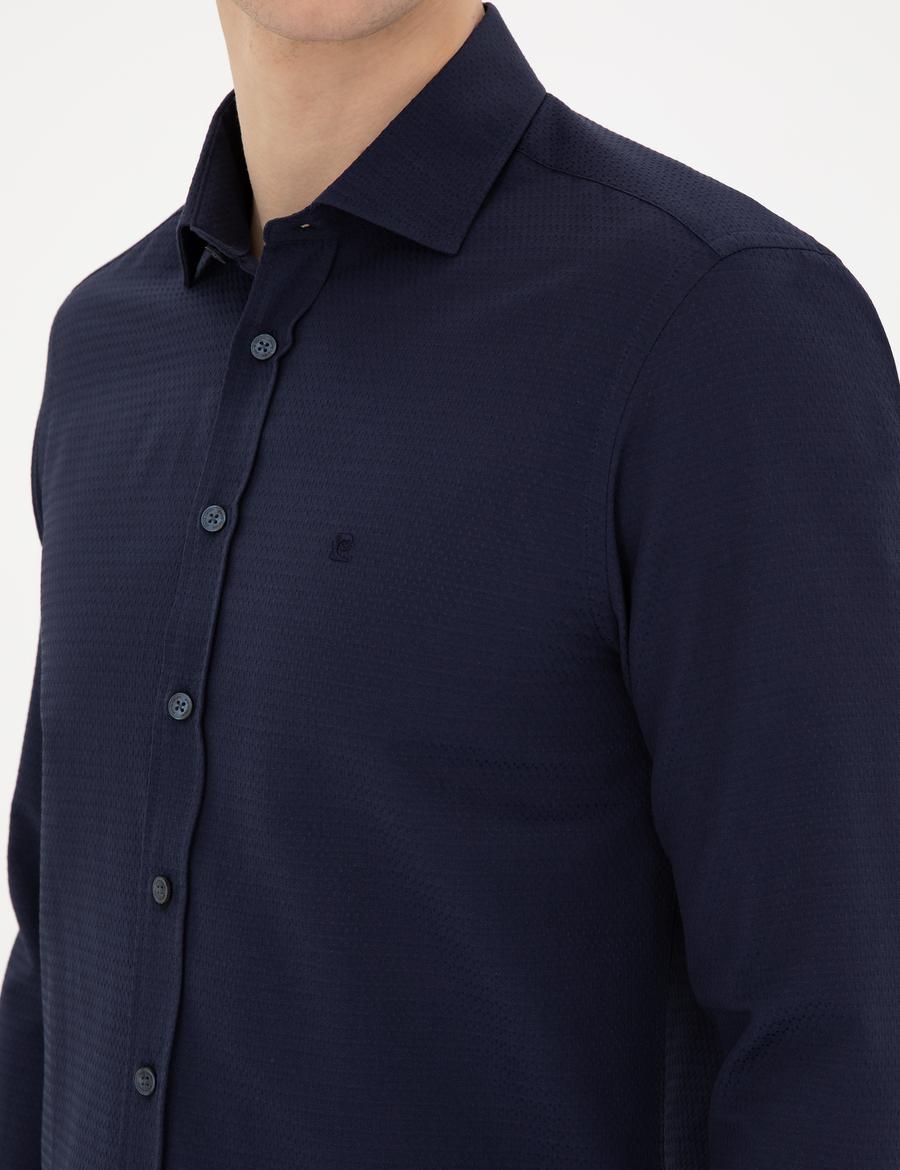 Lacivert Slim Fit Armürlü Uzun Kollu Gömlek