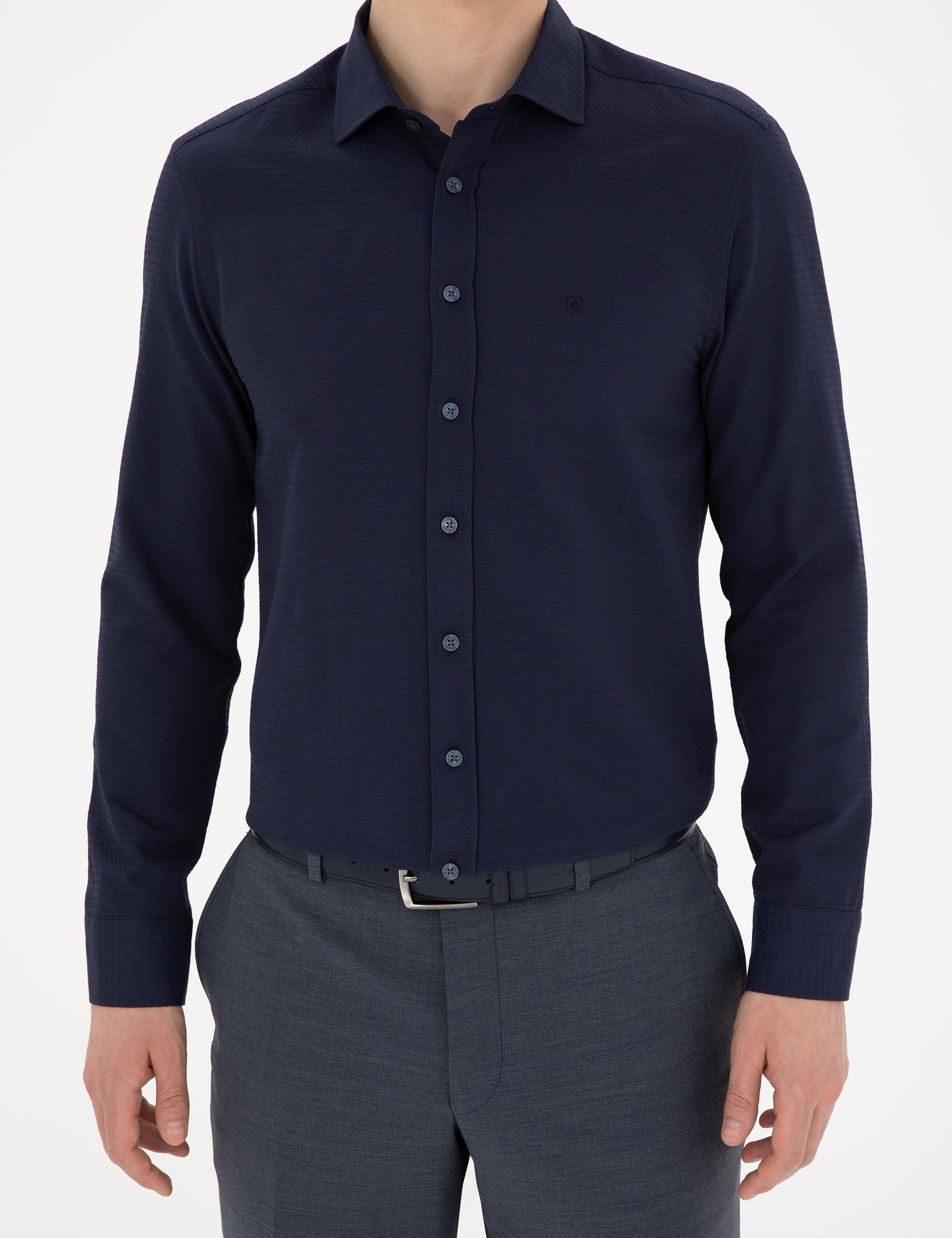 Lacivert Slim Fit Armürlü Uzun Kollu Gömlek