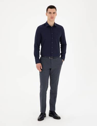 Lacivert Slim Fit Armürlü Uzun Kollu Gömlek