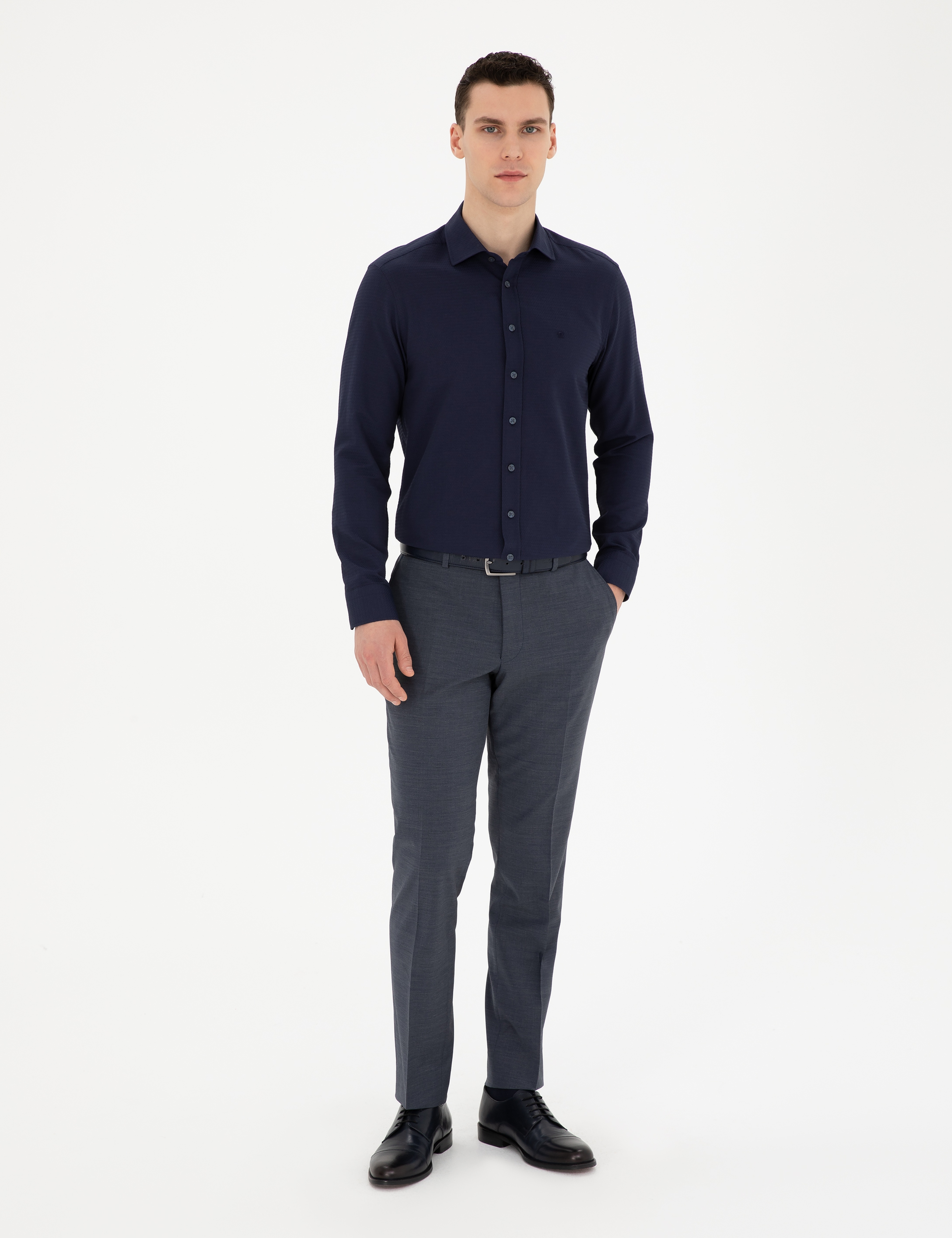 Lacivert Slim Fit Armürlü Uzun Kollu Gömlek - Image 4