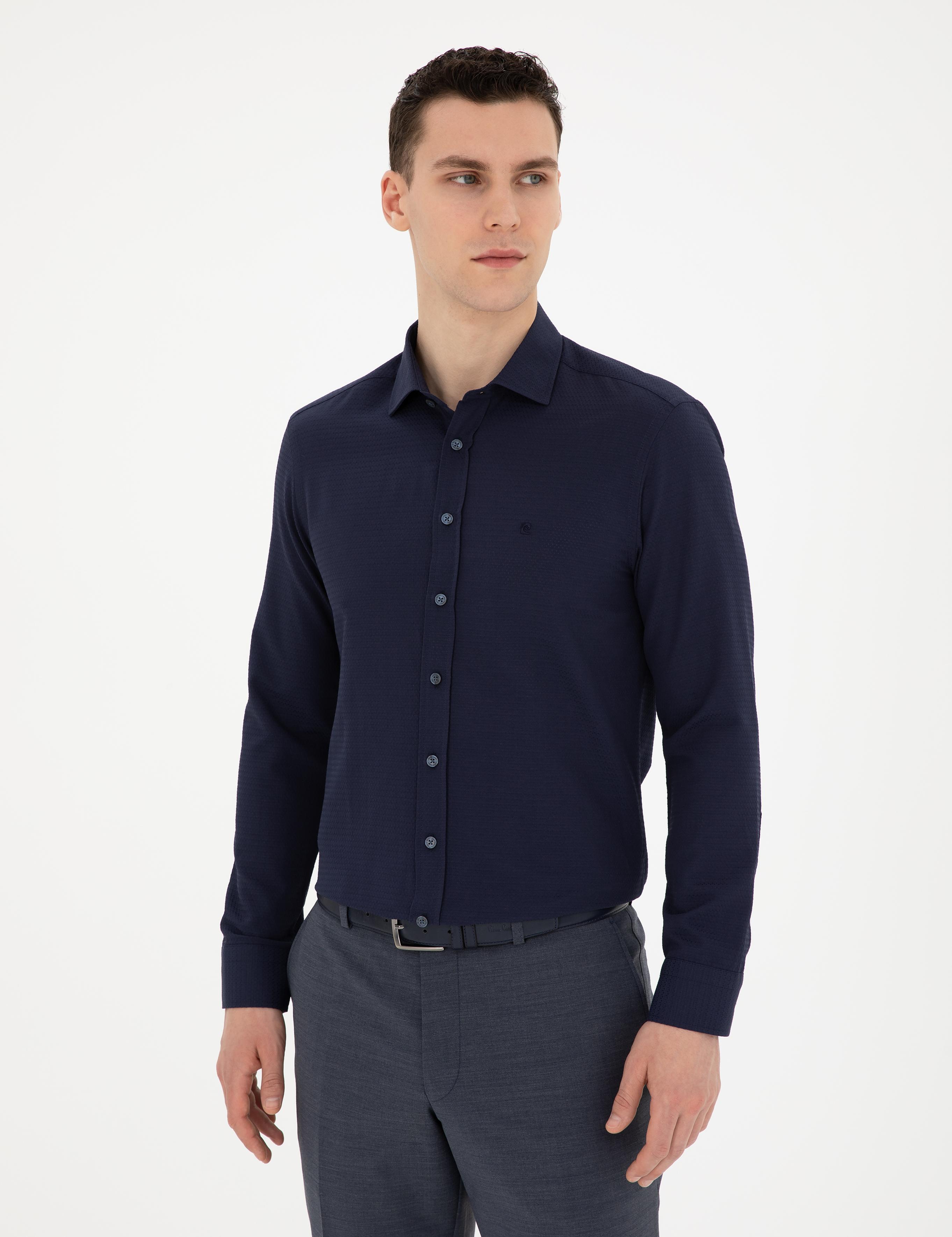 Lacivert Slim Fit Armürlü Uzun Kollu Gömlek