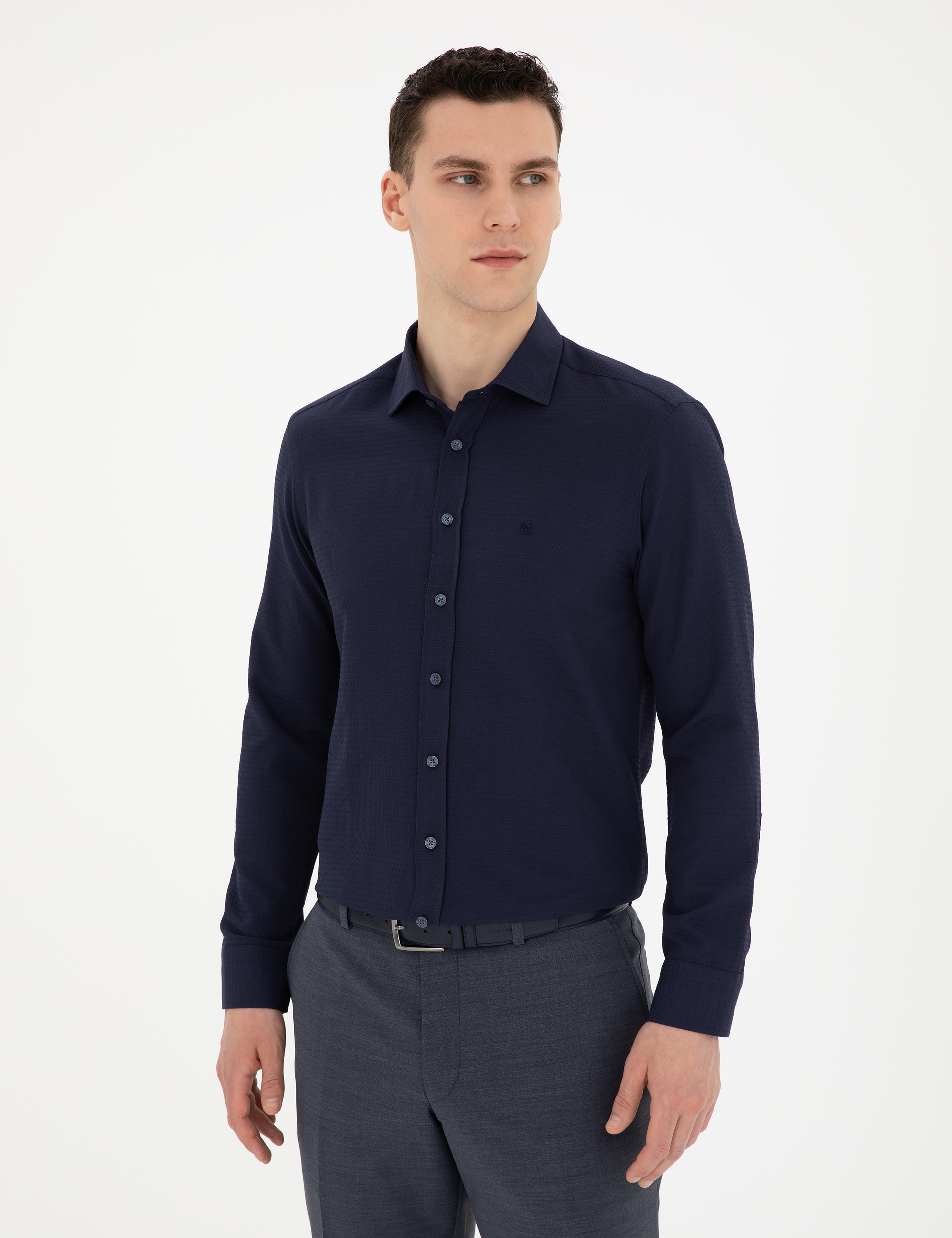 Lacivert Slim Fit Armürlü Uzun Kollu Gömlek - Image 3