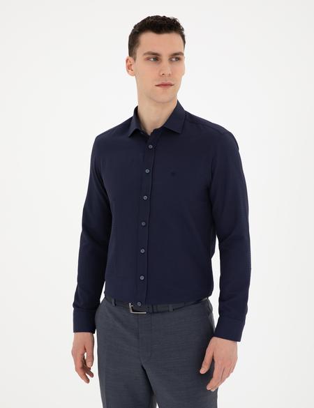 Lacivert Slim Fit Armürlü Uzun Kollu Gömlek - 50289416005