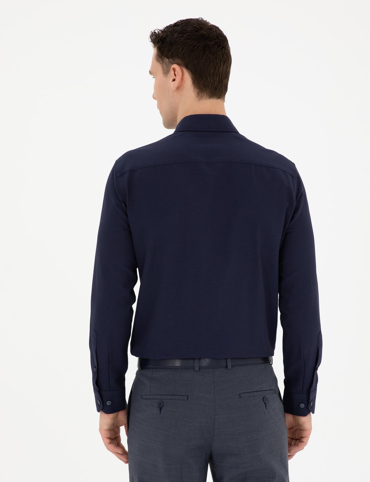 Lacivert Slim Fit Armürlü Uzun Kollu Gömlek - 50289416005